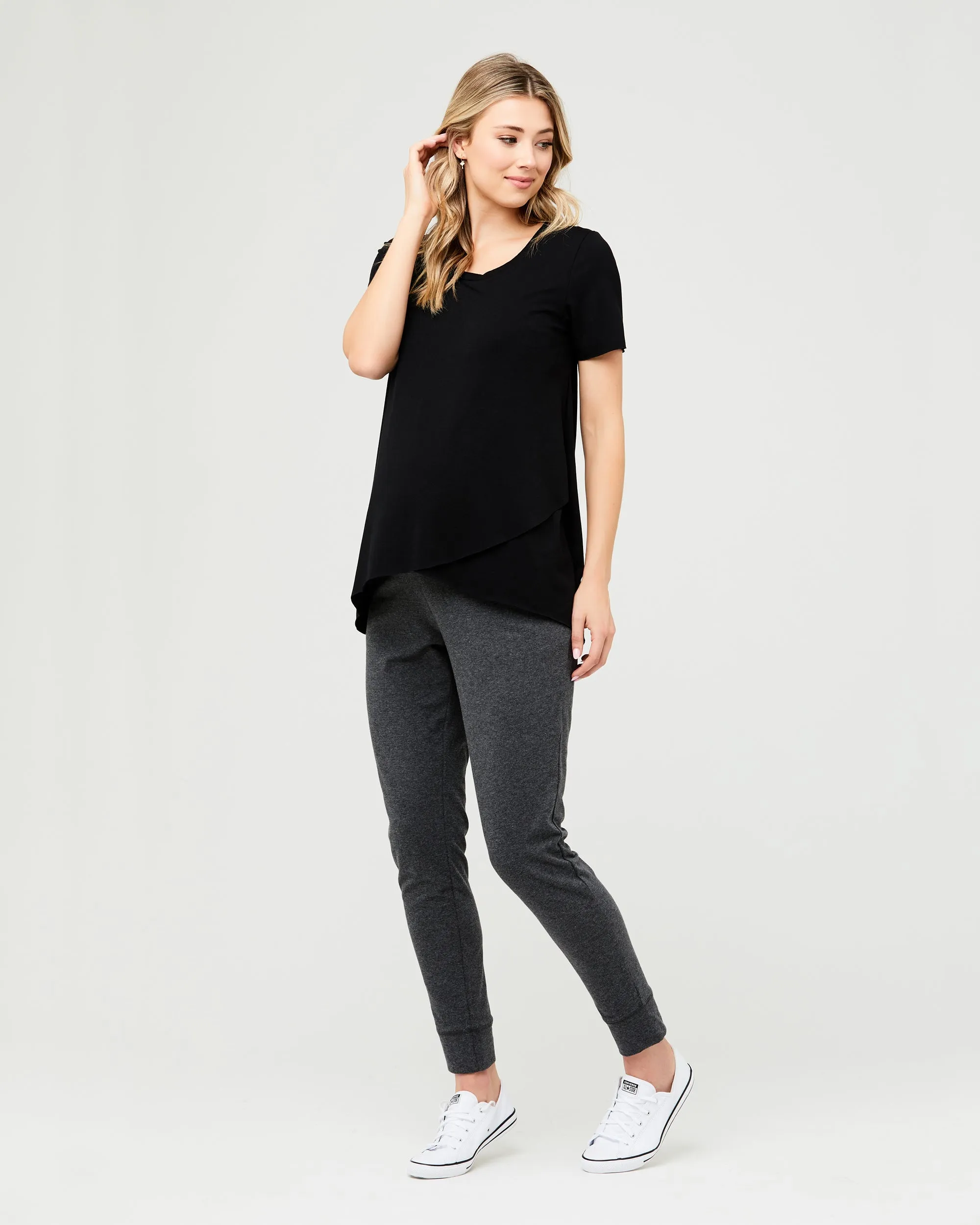 travel maternity nighttime nursing Short Sleeve Raw Edge Nursing Top Black