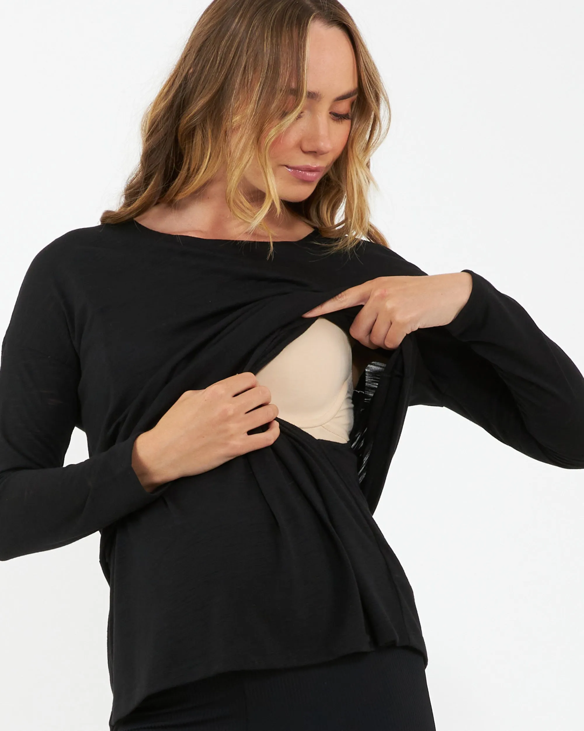 Jazmin Long Sleeve Nursing Top Black Adjustable Straps Nursing Pajamas