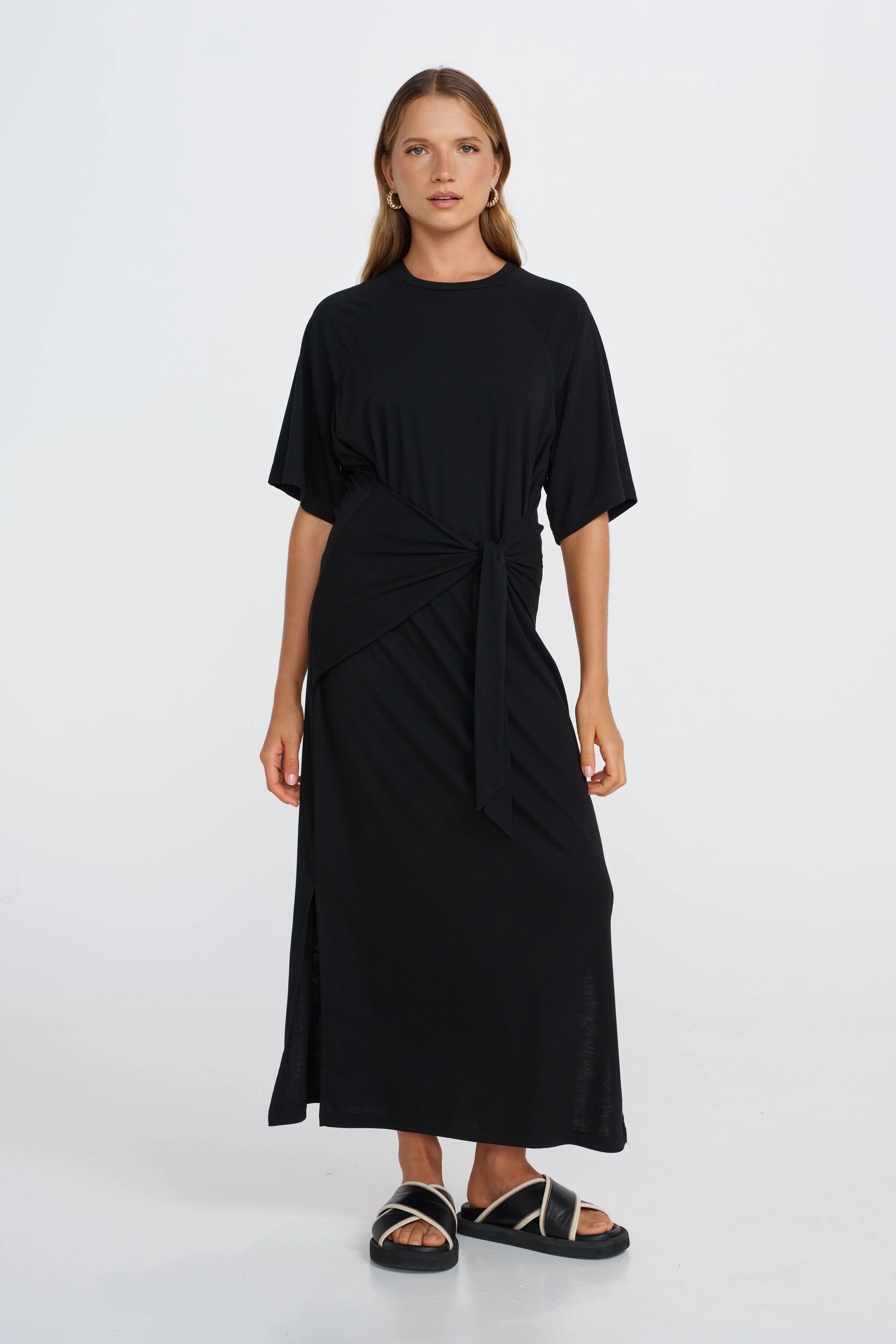 Relaxed Silhouette Alia Tie-Detail Box-Cut Tee Dress - Black