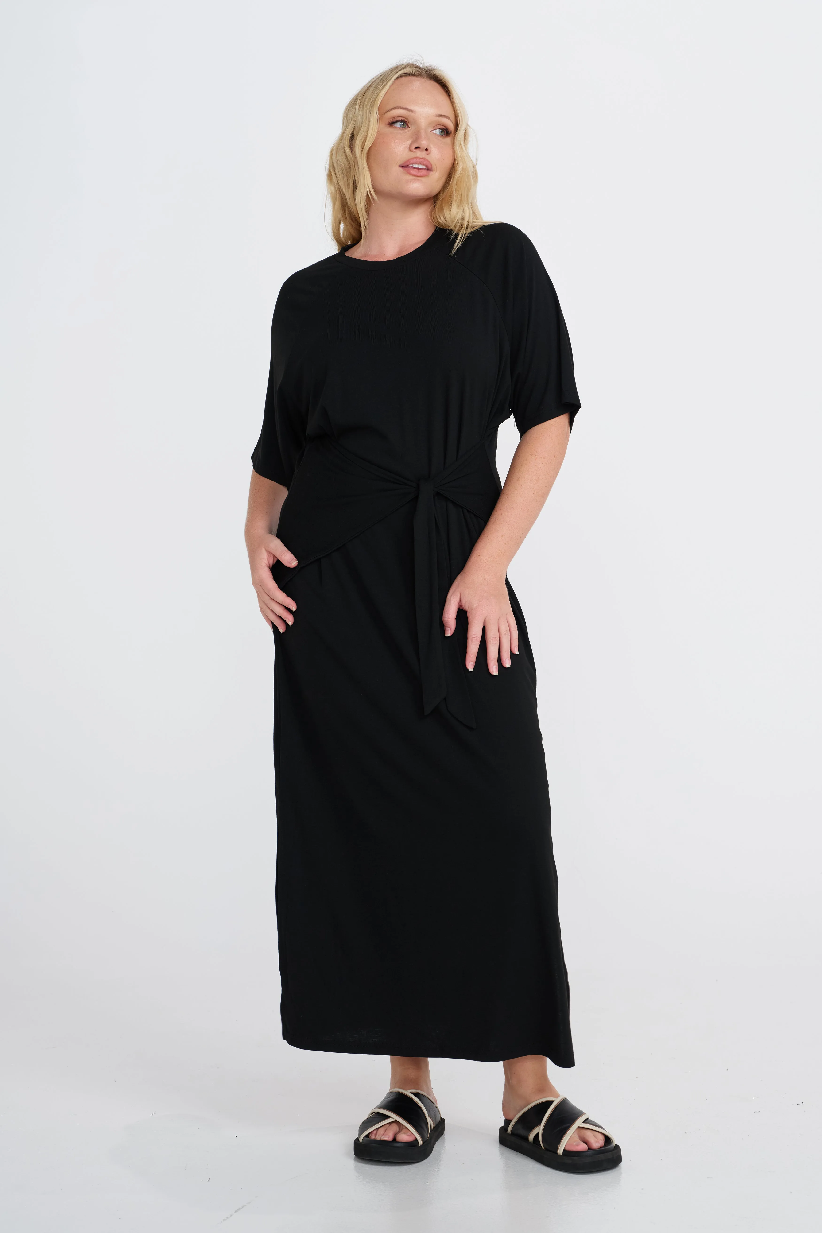 Oversized Fit Ribbed Cuffs Alia Tie-Detail Box-Cut Tee Dress - Black