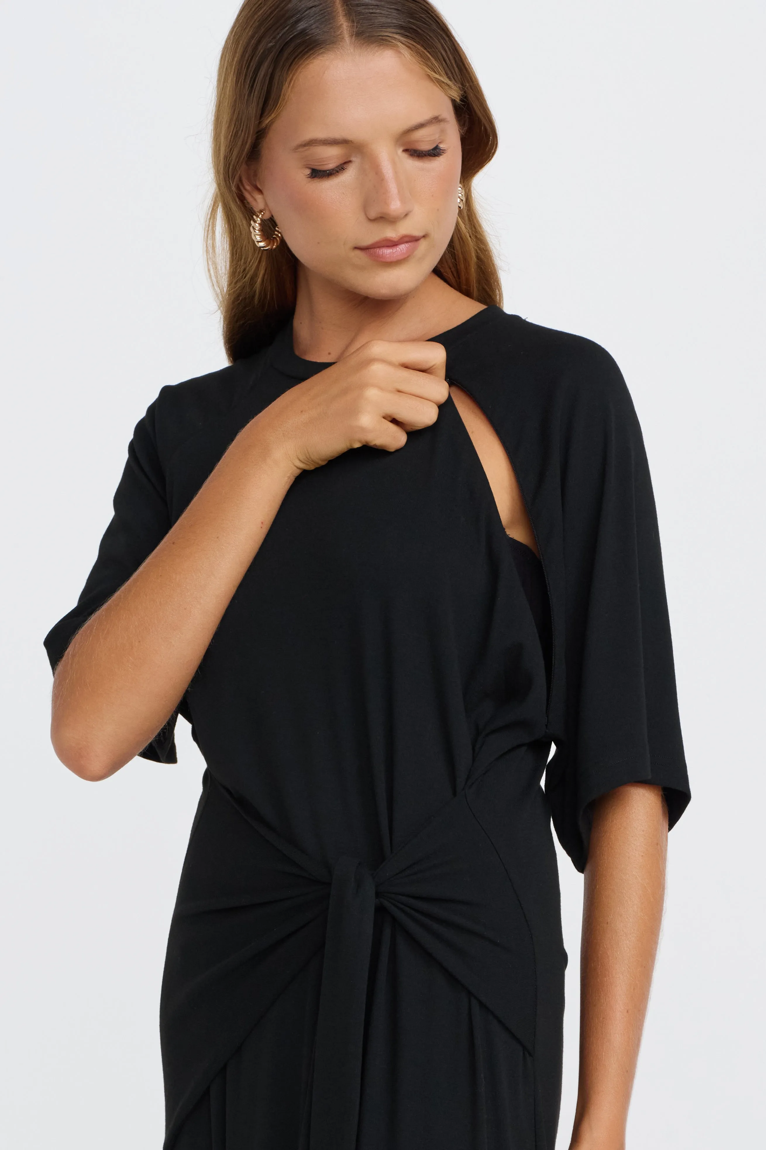 Alia Tie-Detail Box-Cut Tee Dress - Black Light Layer Functional Pockets