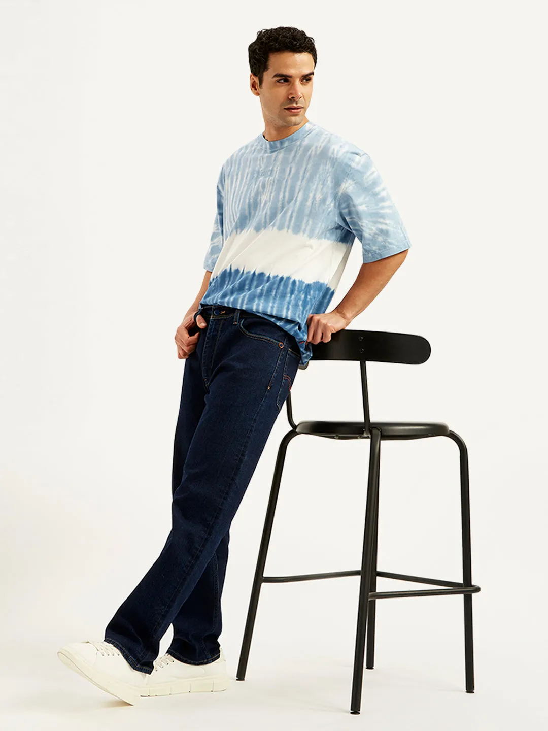 Relaxed Basics Sandblasted Details Men's 555 Navy Blue Relaxed Straight Mid Rise Utility  Jeans