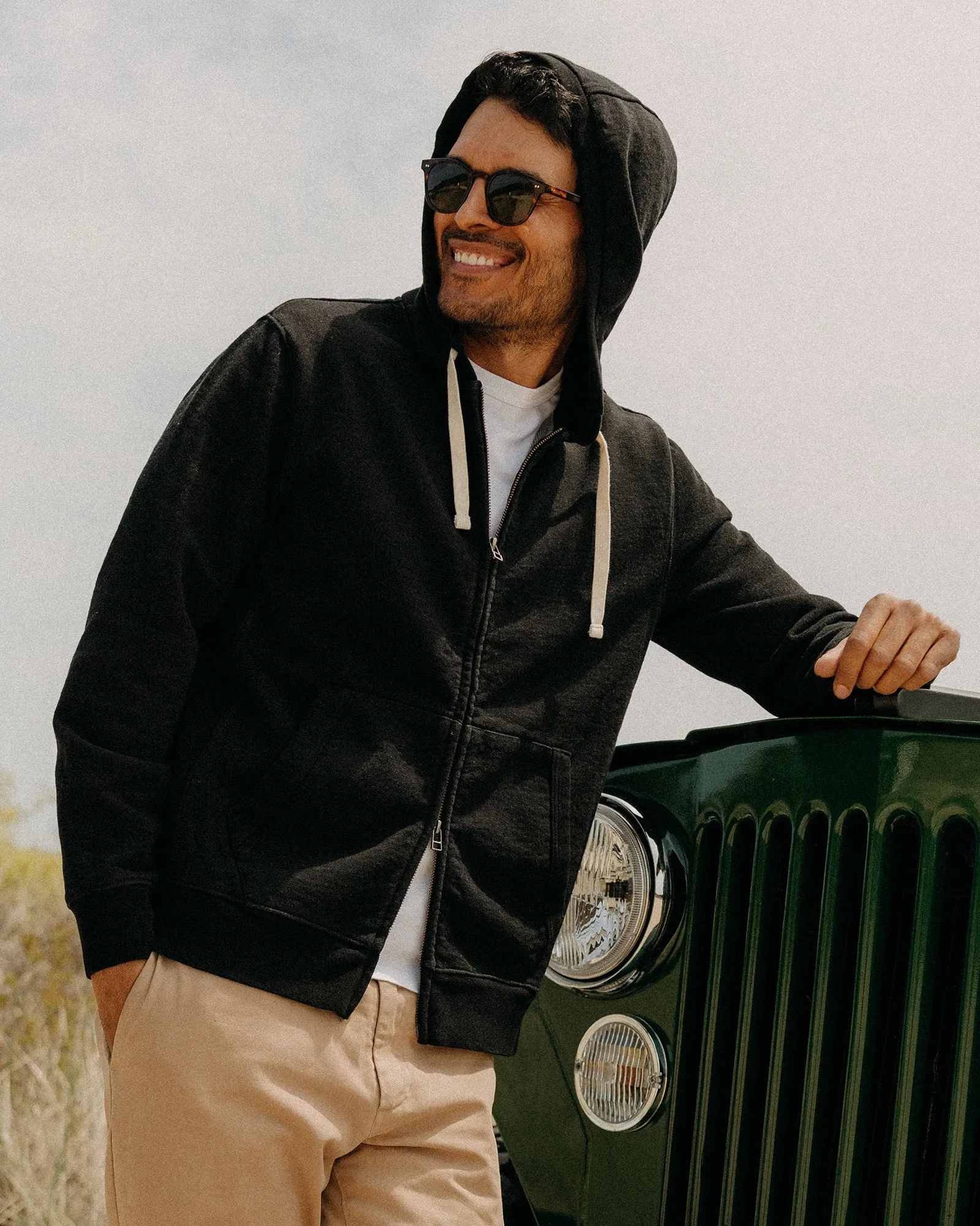 Velcro Fasten Rain Guard The Apres Zip Hoodie in Black Indigo Terry