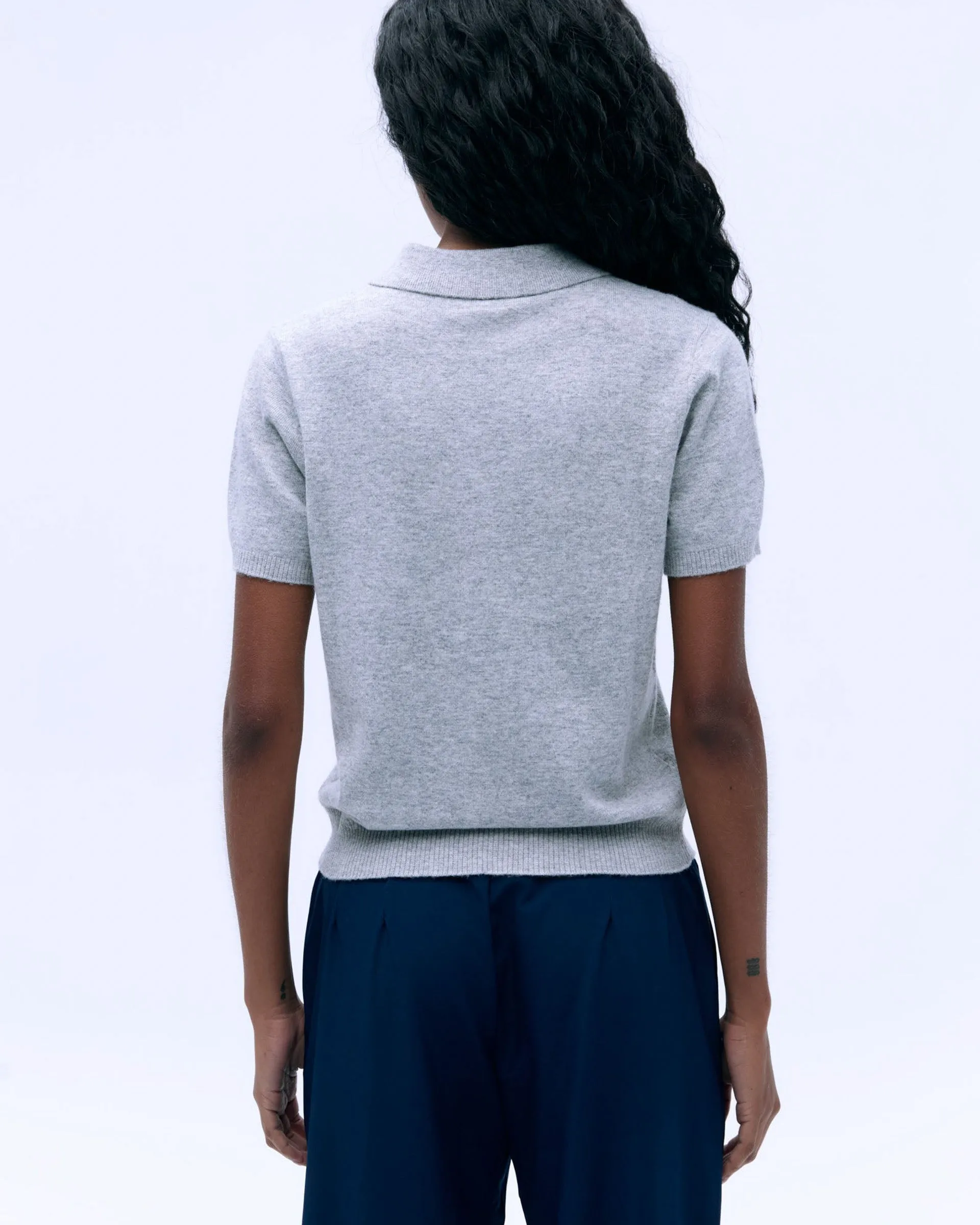 Elastic Seamless Design Knit Short Sleeve Polo Shirt - Light Grey Melange