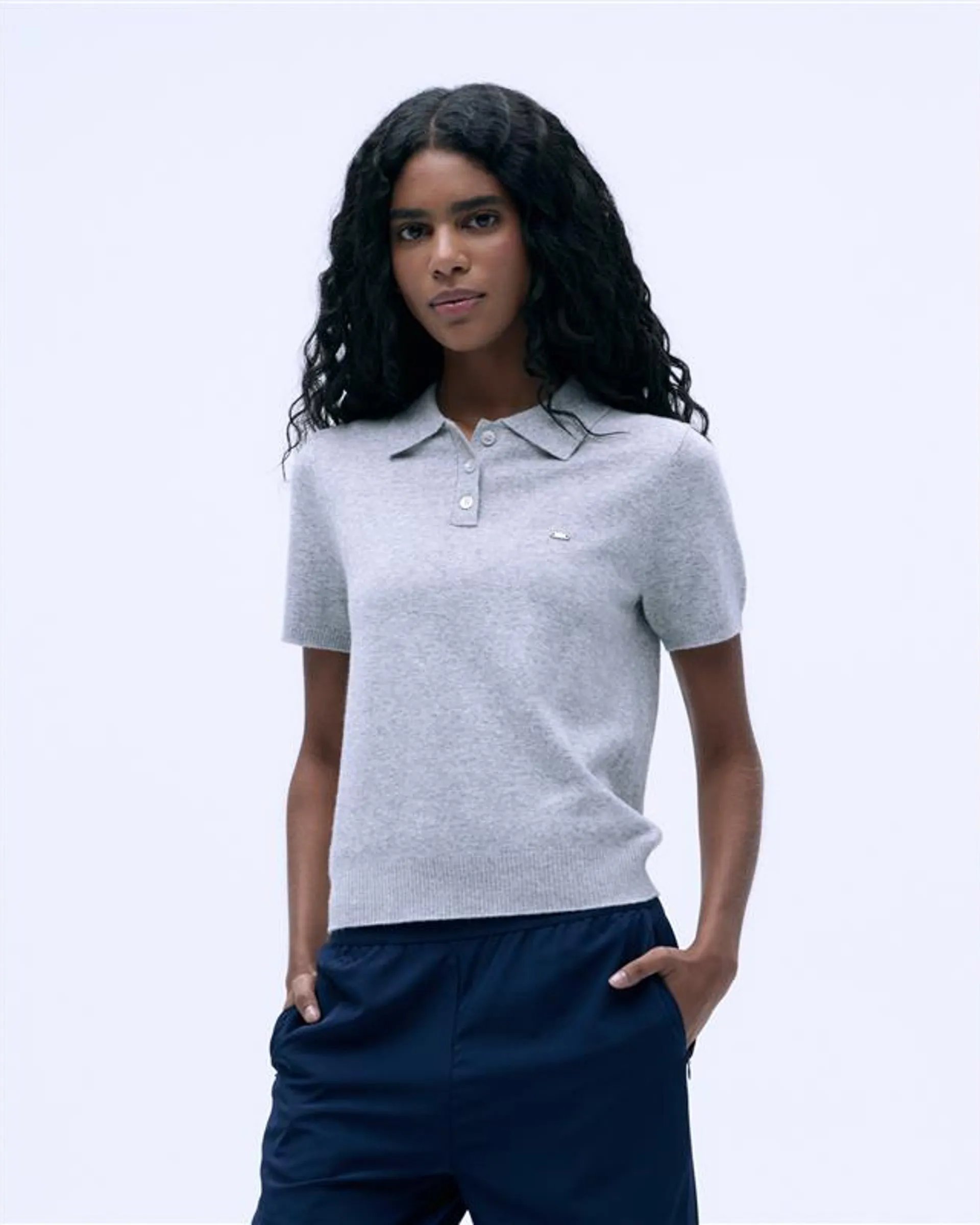 Knit Short Sleeve Polo Shirt - Light Grey Melange Stretch Recovery Fabric Functional Piece