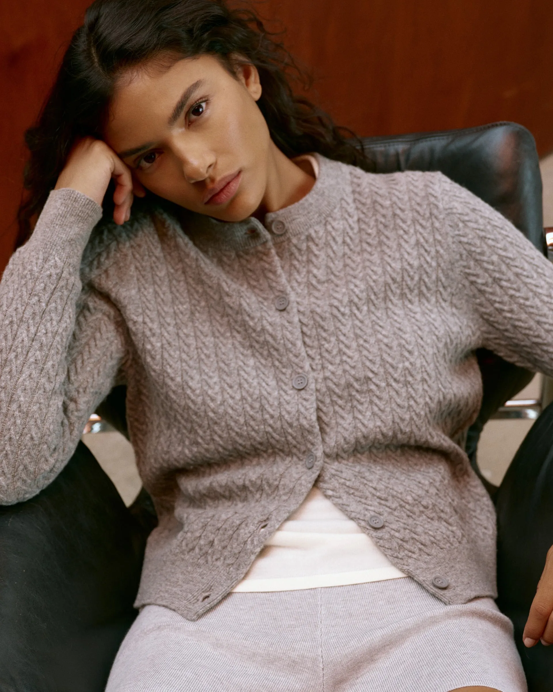 Cable Knit Cardigan - Dark Grey Melange Breathable Texture