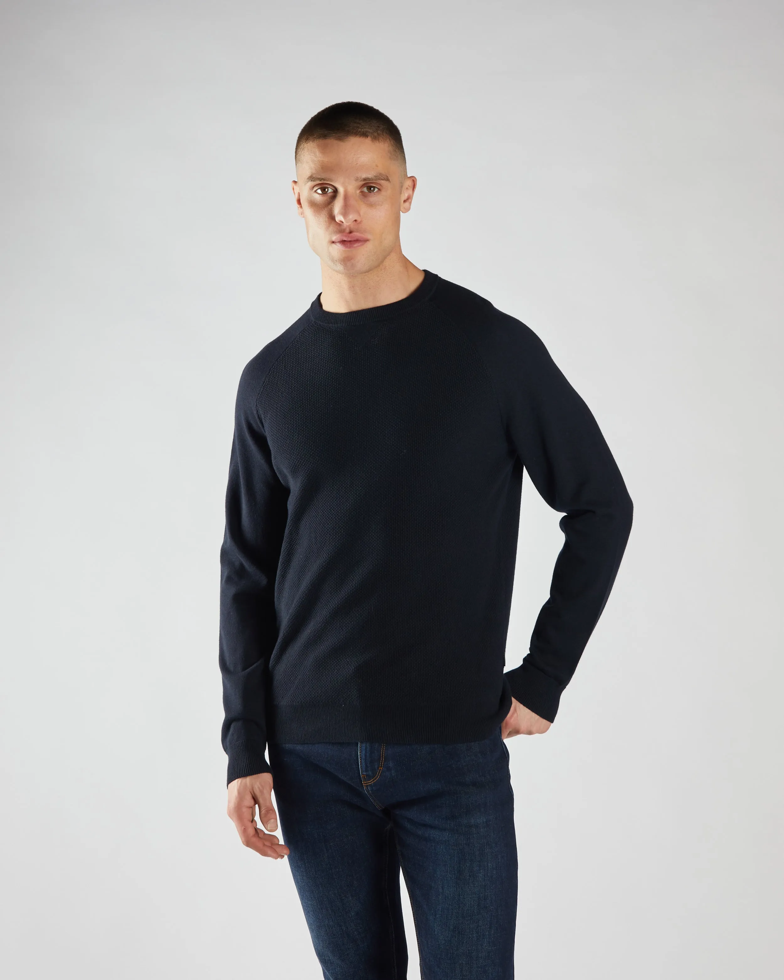 Preston Sweater Midnight Blue MoistureWicking Textured Weave FadeResistant Treatment