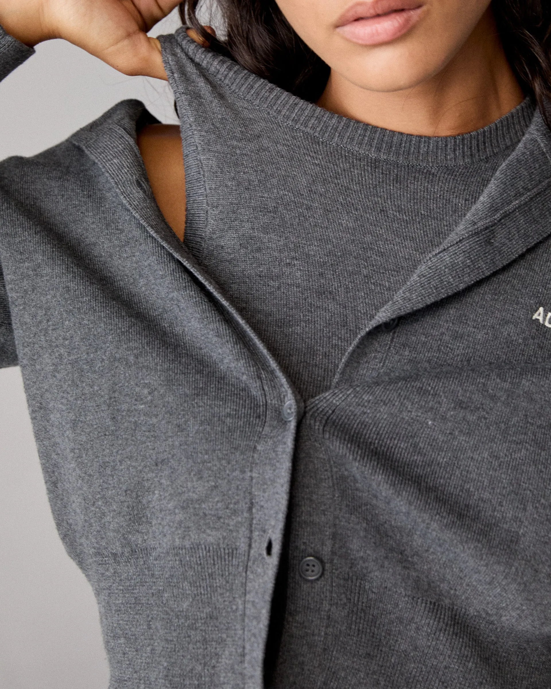 Double Layered Cuffs Knit Twinset Button Up Top - Dark Grey