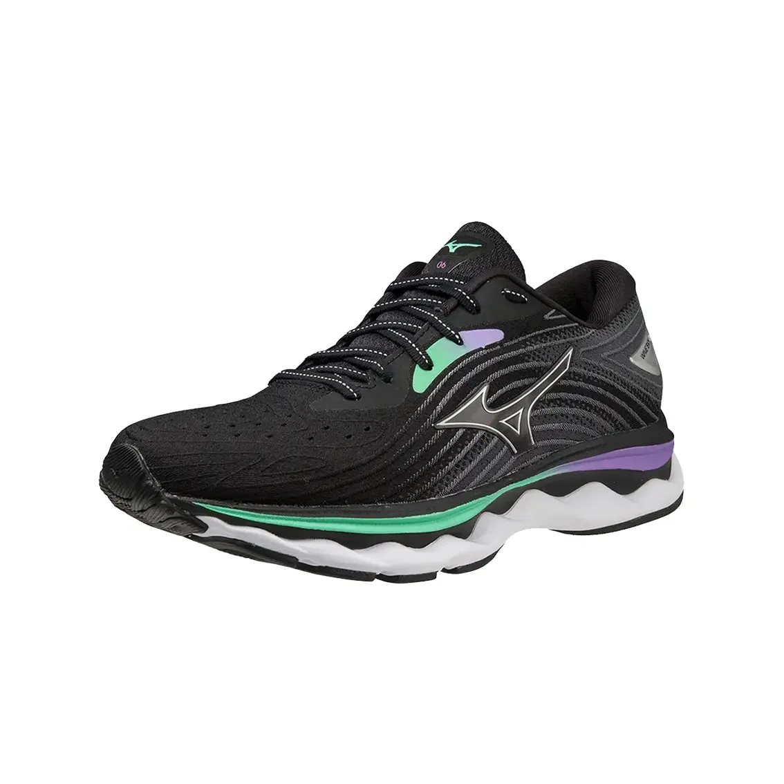 Womens Mizuno Wave Sky 6 - Black / Silver / Spring Bud Shock absorption system Zero Drop Sole
