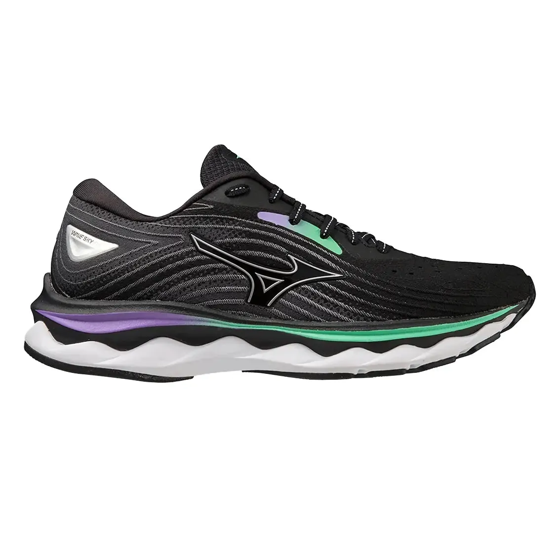 Womens Mizuno Wave Sky 6 - Black / Silver / Spring Bud running on dirt shoes 15K Run