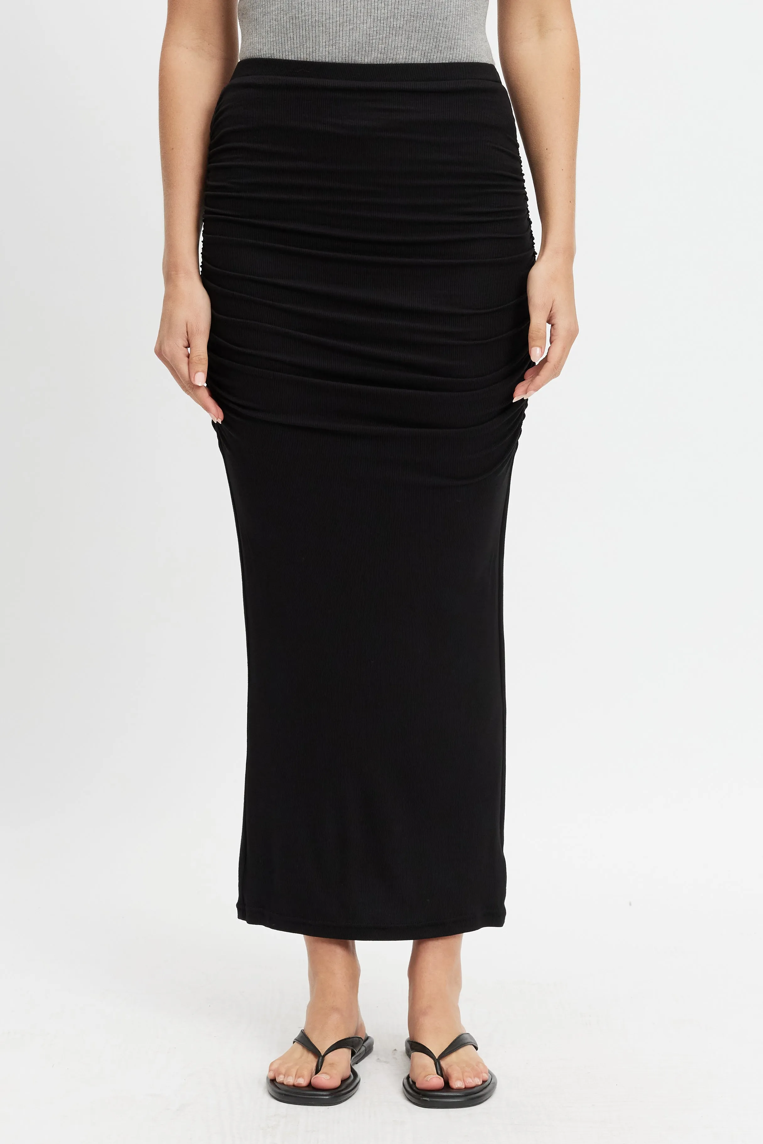 Ari Ruched Rib Midi Skirt - Black belly coverage