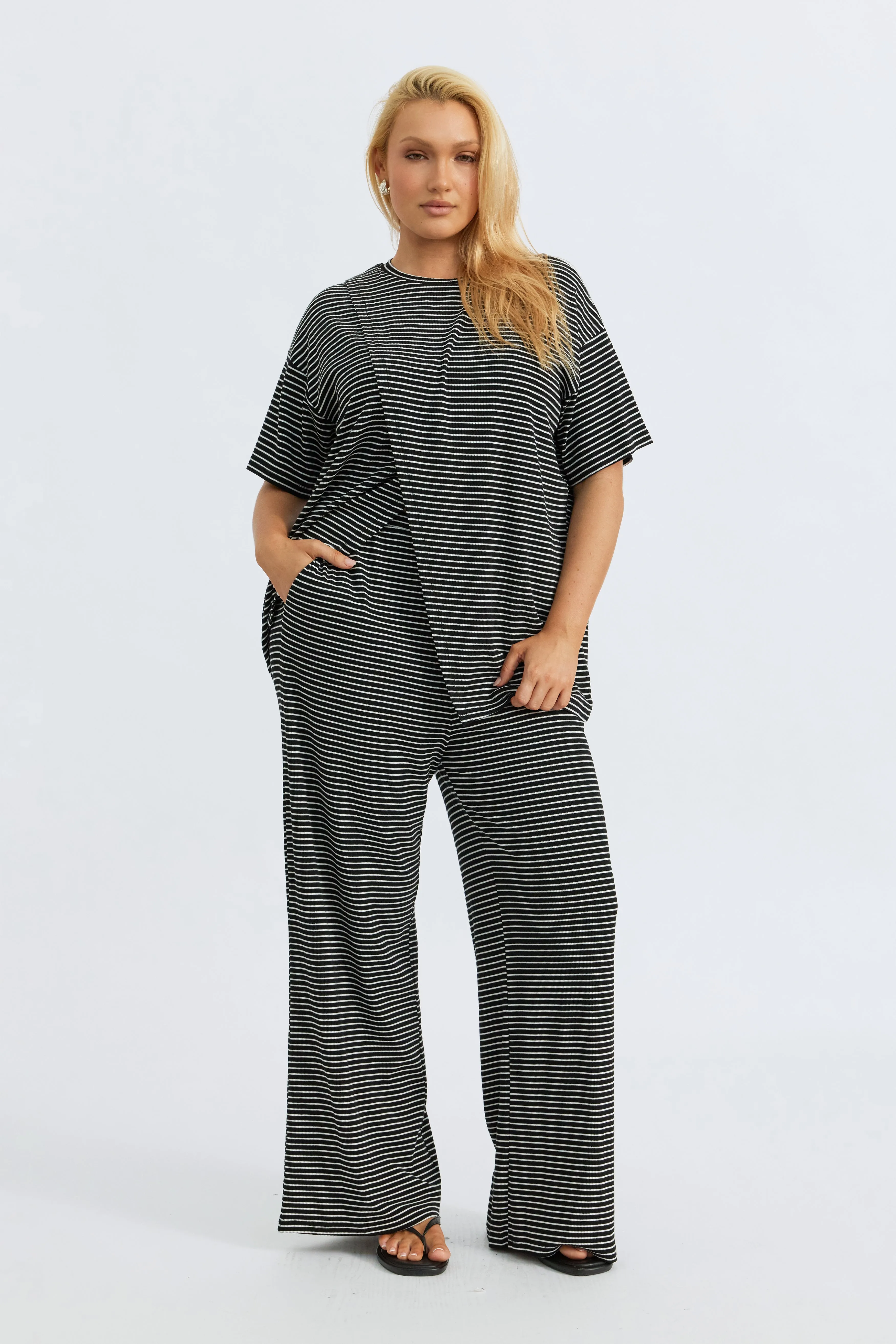 cozy nightwear Ivy 2.0 Stripe Wide Leg Pant - Black / White