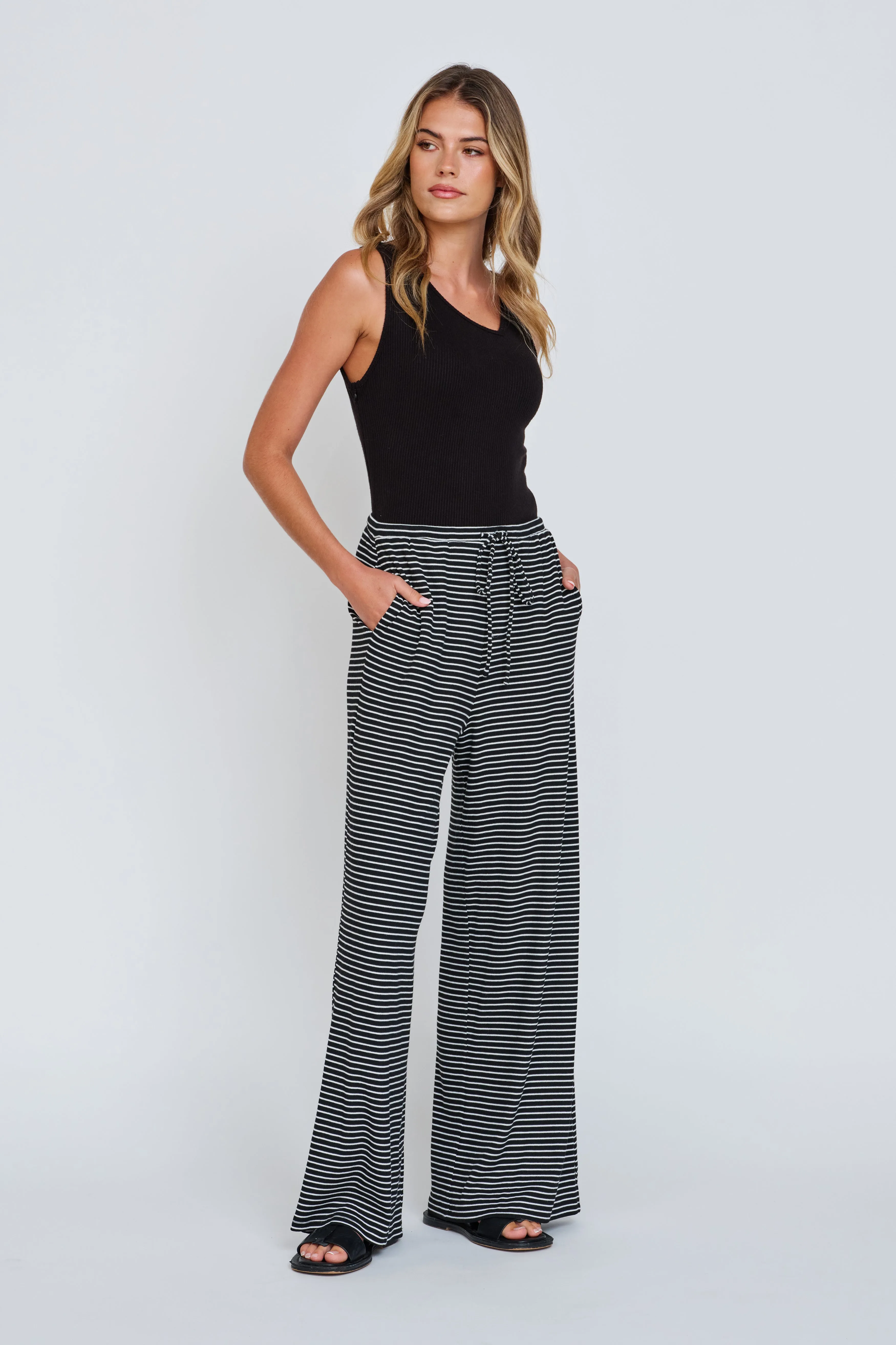 Ivy 2.0 Stripe Wide Leg Pant - Black / White snap closure Breathability