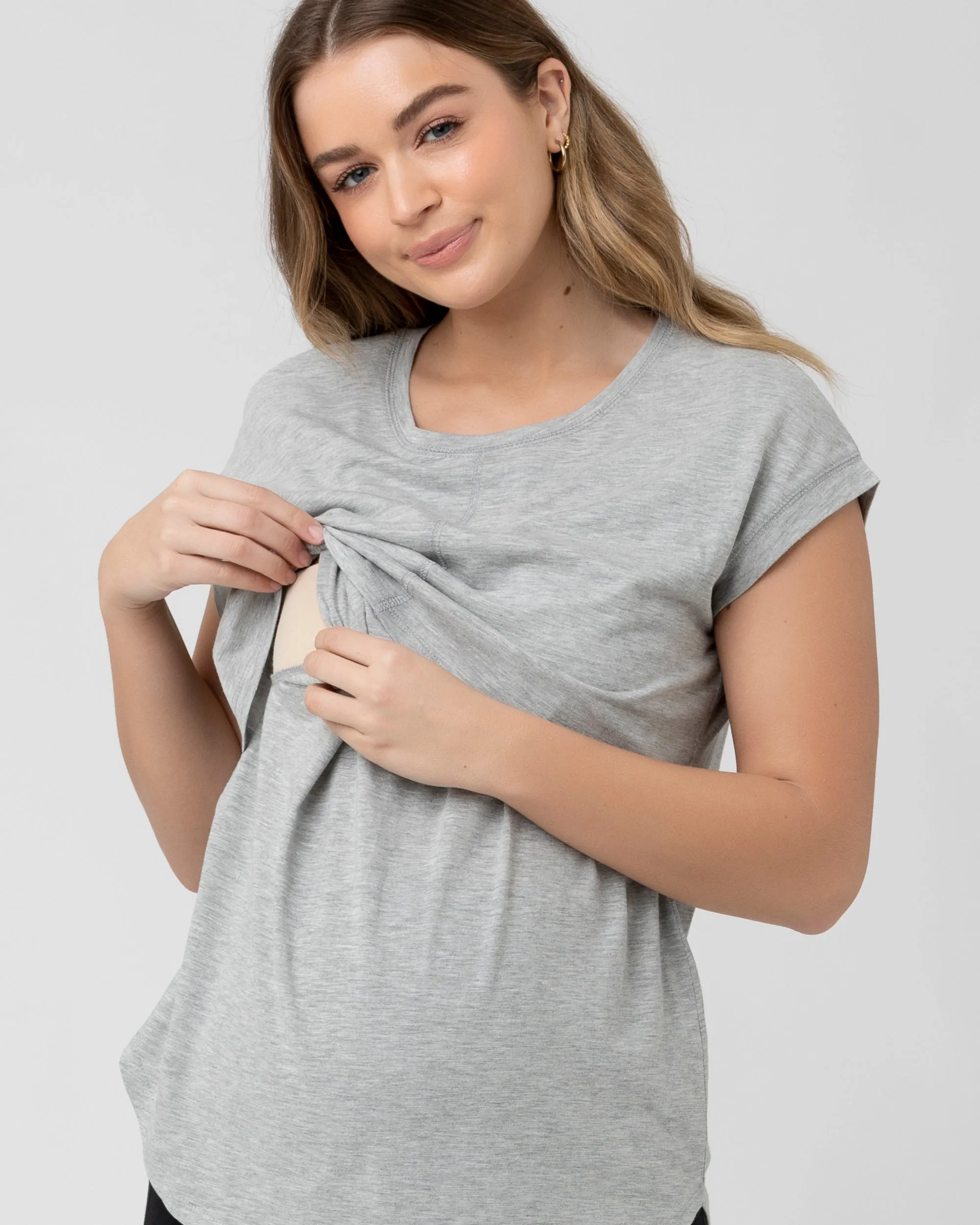 Richie Nursing Tee Grey Marle Mock neck Relaxed Silhouette
