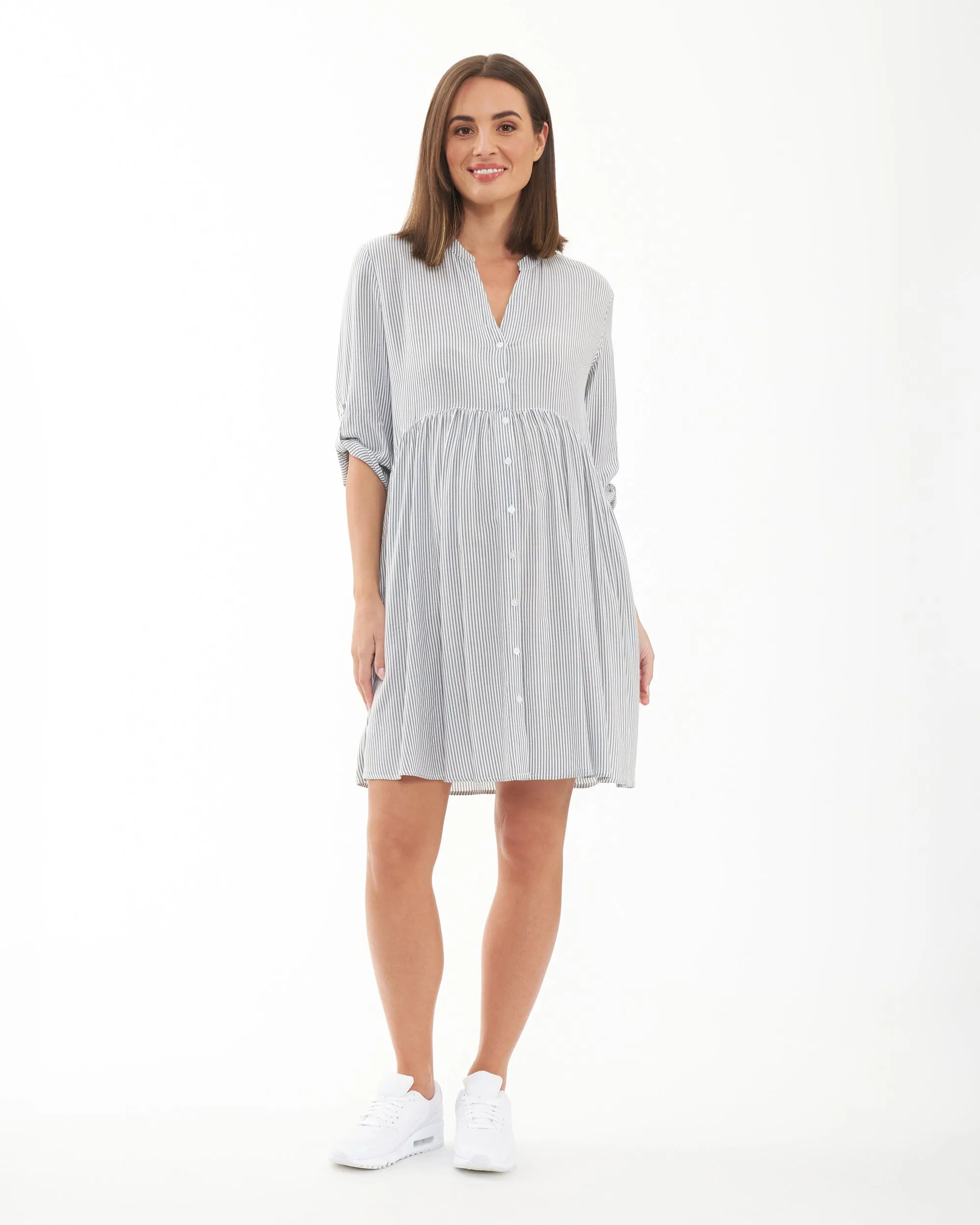 autumn maternity Wrinkle Resistant Sam Stripe Dress  Slate / White