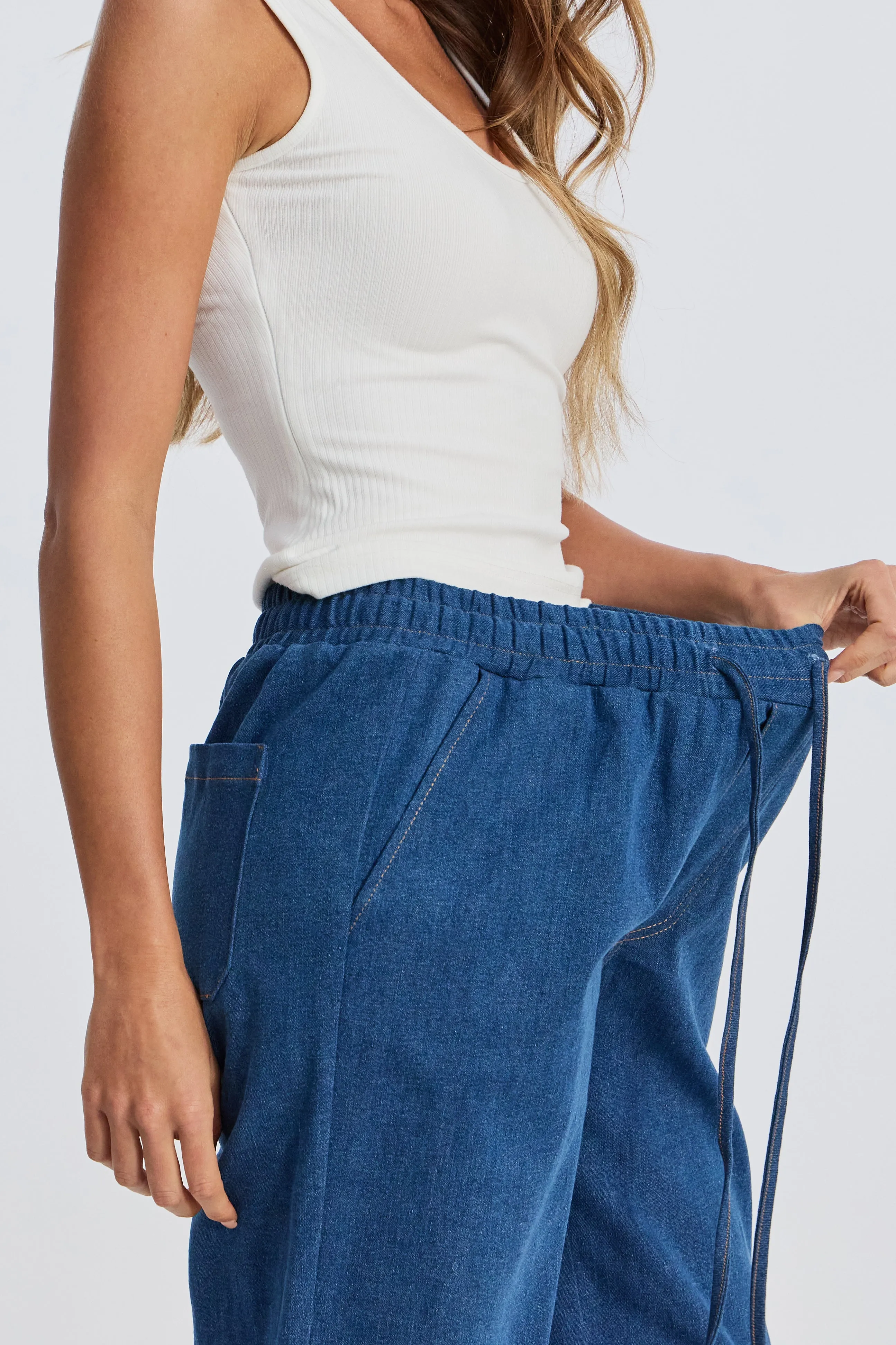 working mom formal maternity Claudia Elastic-Waist Denim Look Pant - Medium Blue