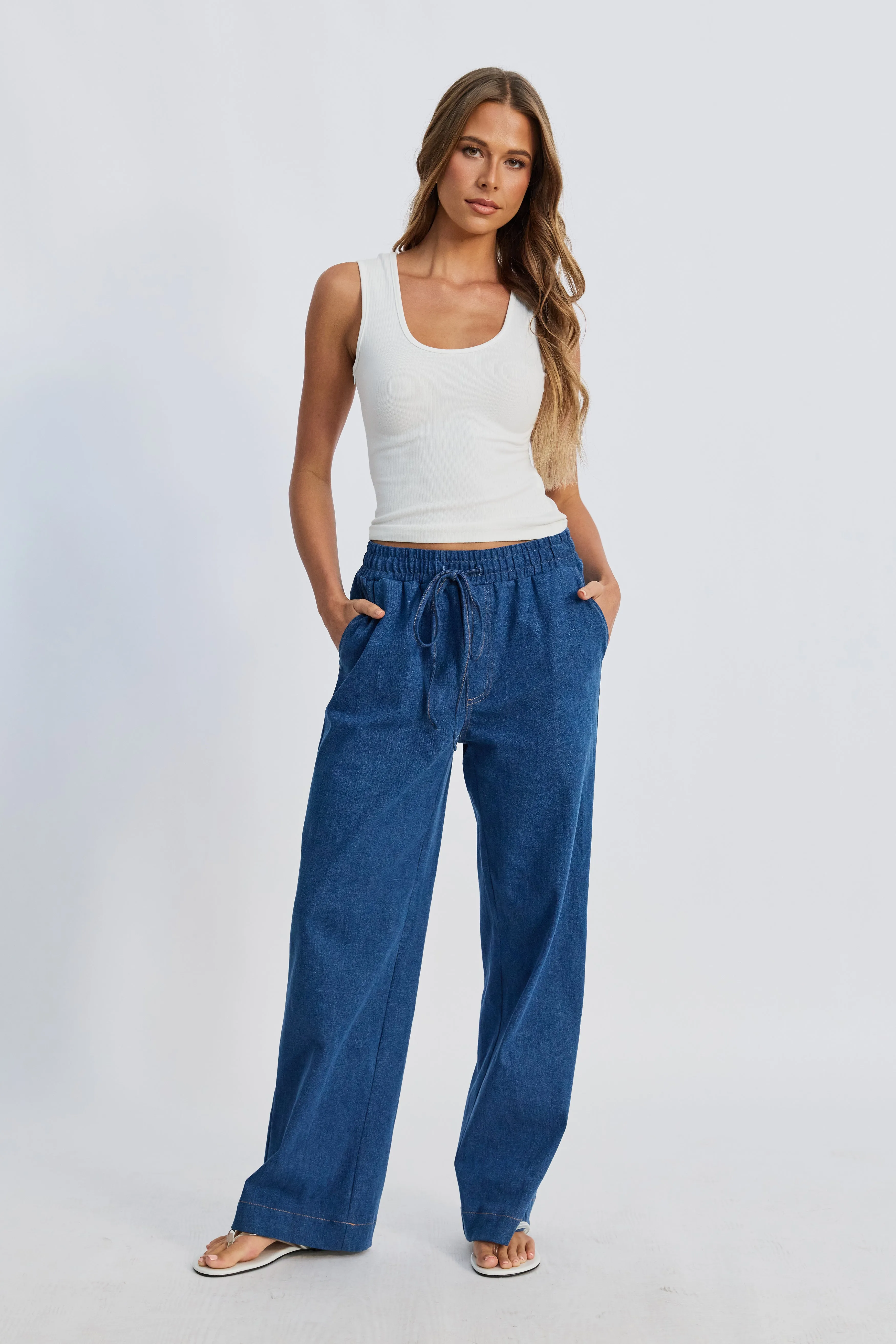 Claudia Elastic-Waist Denim Look Pant - Medium Blue Ribbed Cuffs