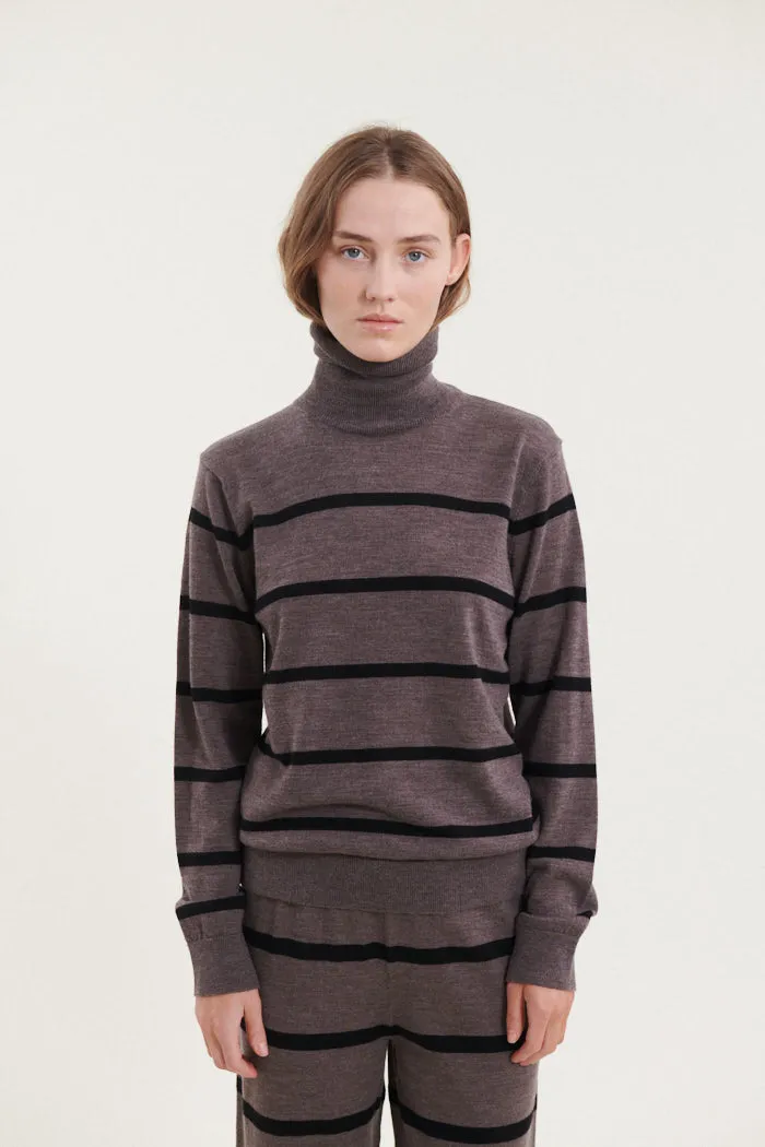 Bamboo Fiber Composition Vera Roll Neck - Brown Melange / Black