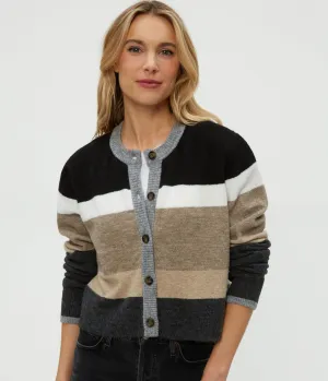 Fiona Stripe Crewneck Cardigan Organic Cotton Yarn ReverseCoil Zipper