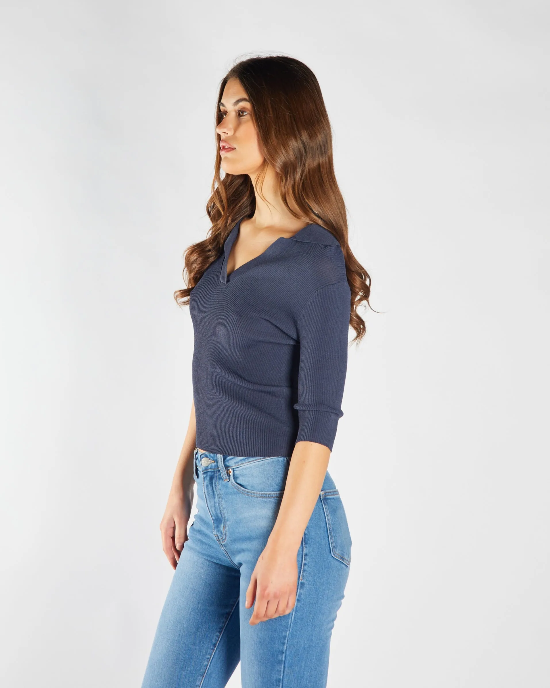 Floretta Knit Blue Nights Relaxed Crew Neck Breathable Honeycomb Weave