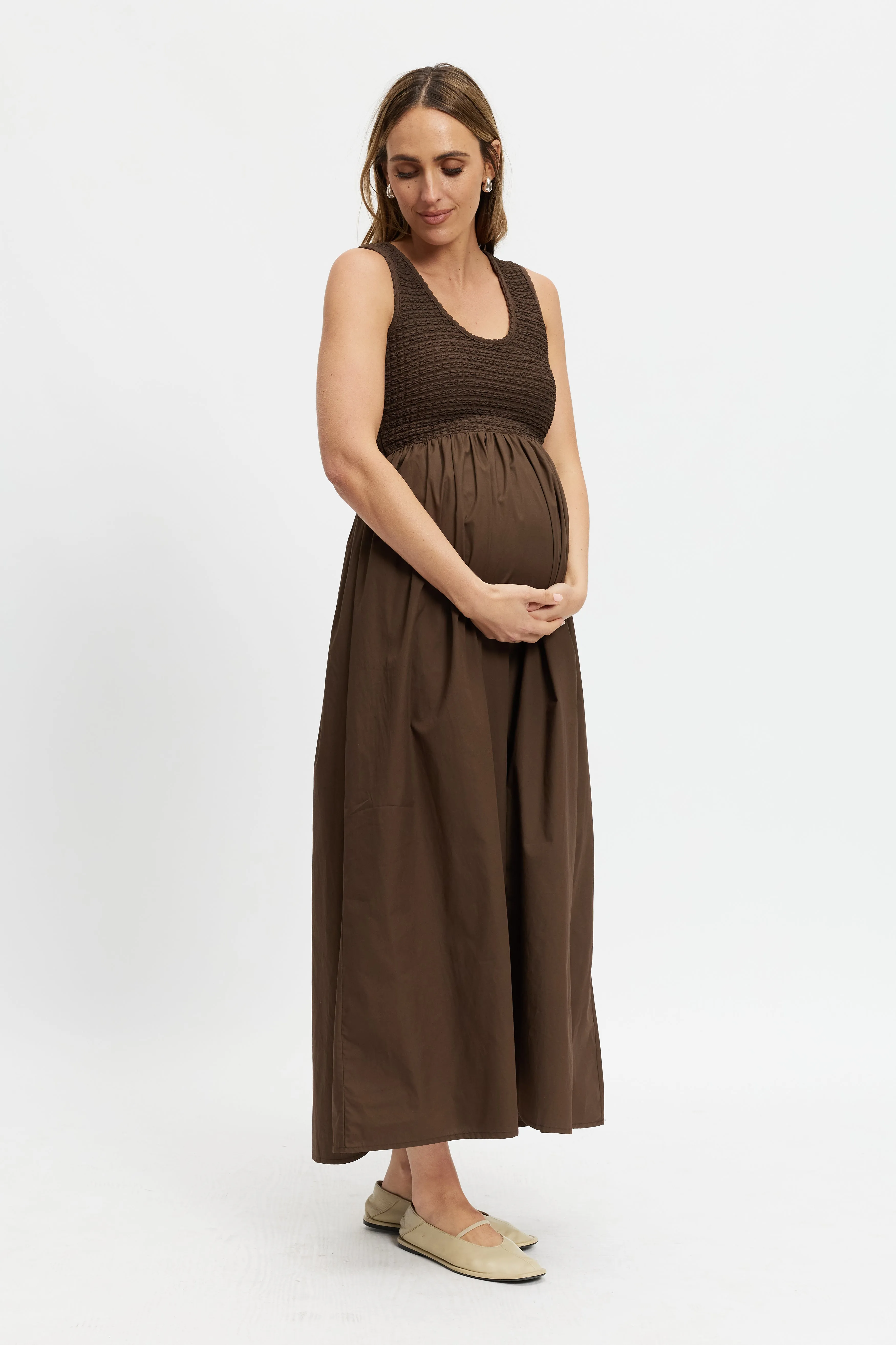 Sleeveless Design easy lift Fontana Combination Midi Dress - Chocolate