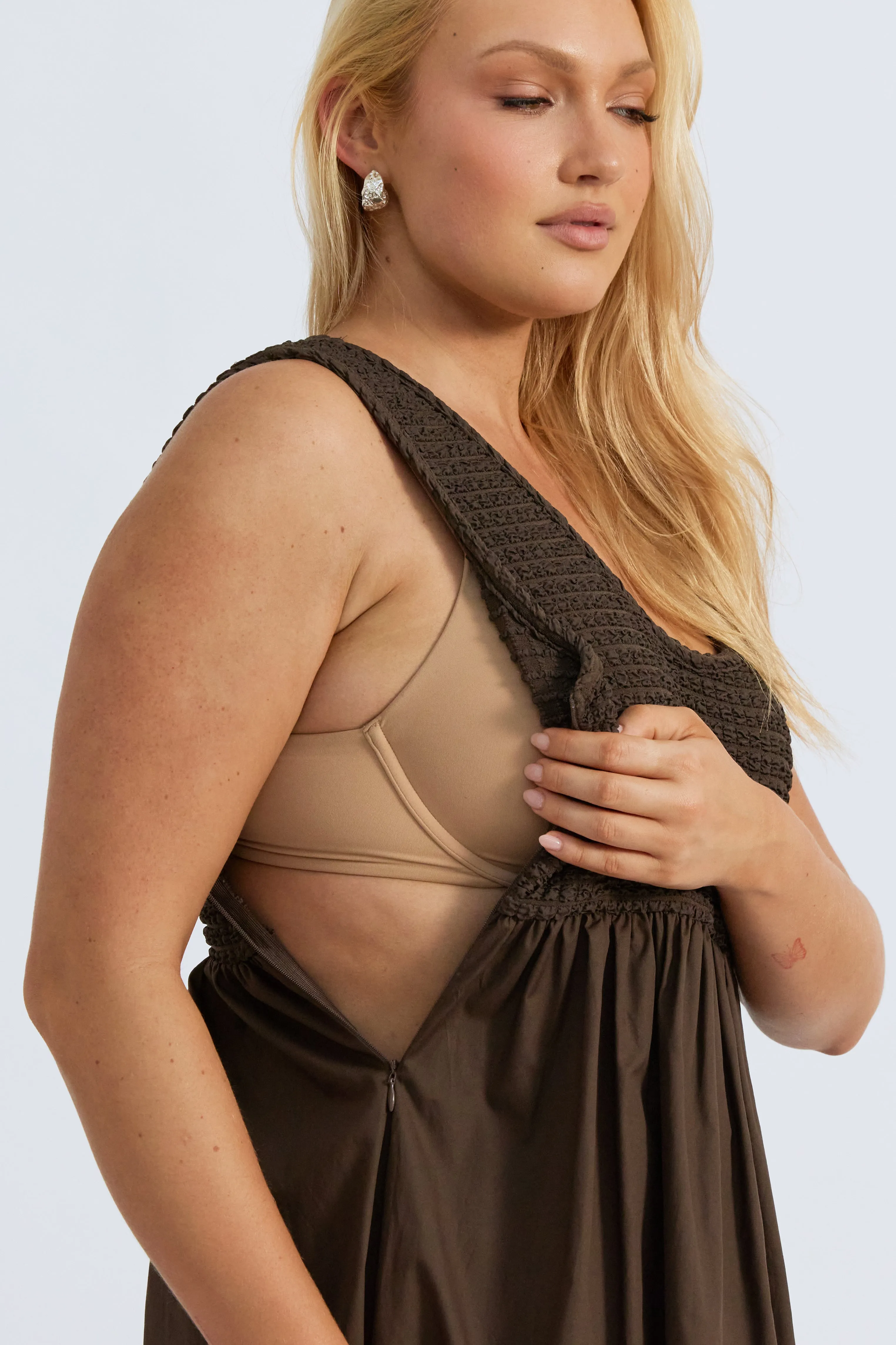 Fontana Combination Midi Dress - Chocolate solid color