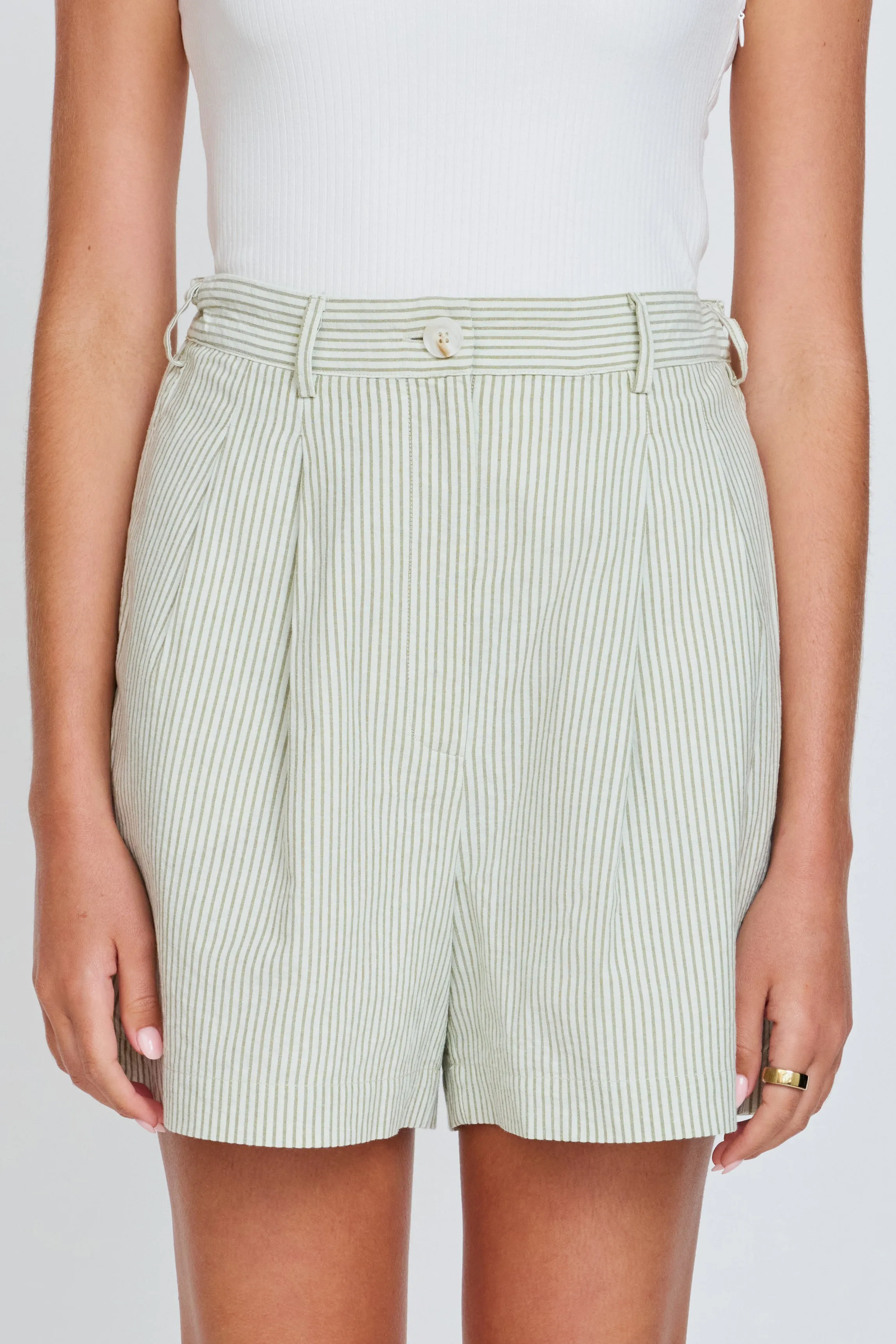 Goldie Adjustable Stripe Tailored Short - Off-White / Green stretchy pants Sleep friendly