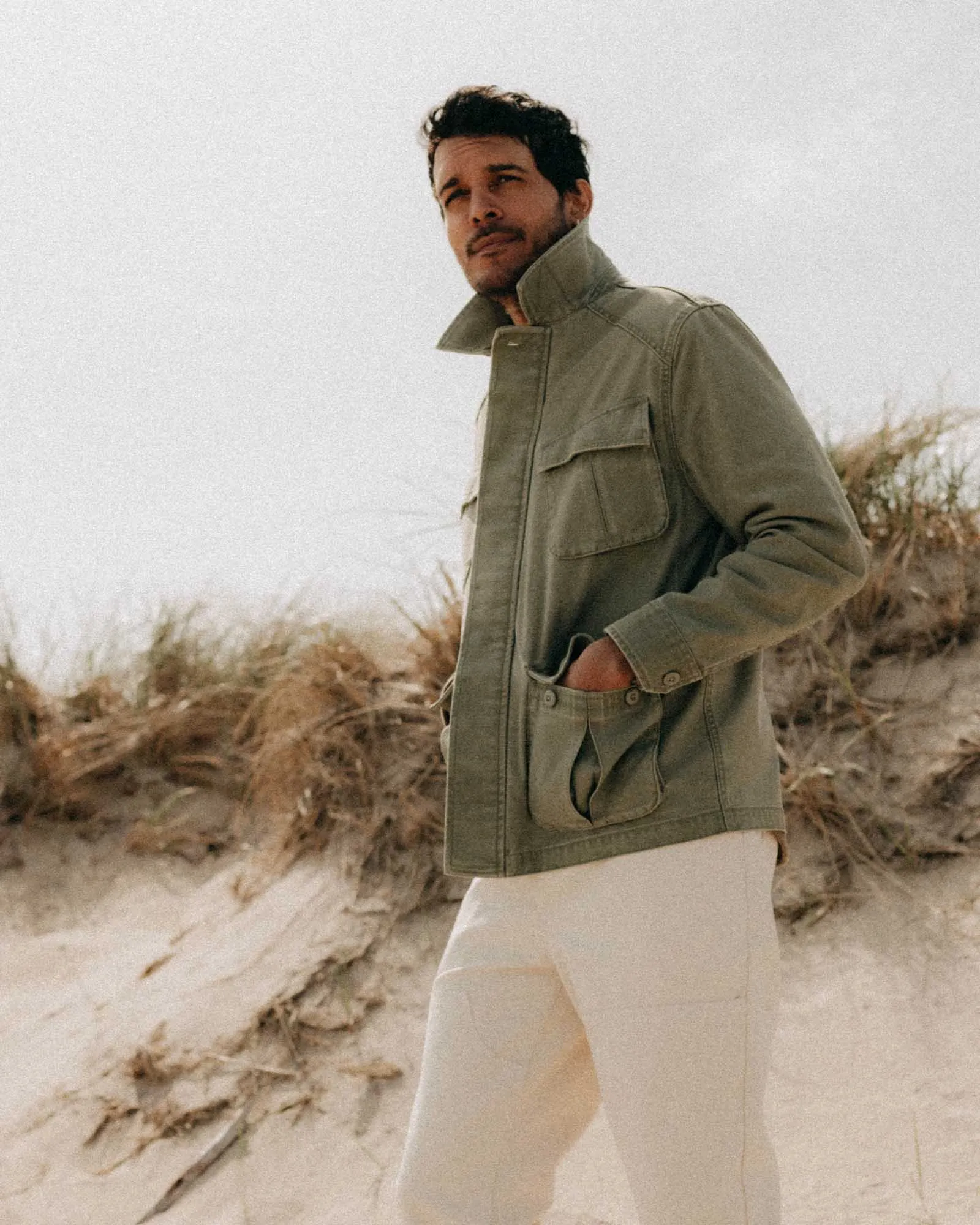 The Surplus Jacket in Field Olive Reverse Sateen Shrink Resistant Treatment