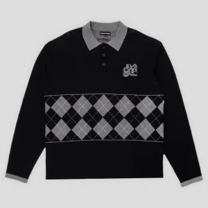 Pass~Port Tilde Stamp Knit Long-sleeve Polo - Black Stretchable Material Anti Odor Treatment