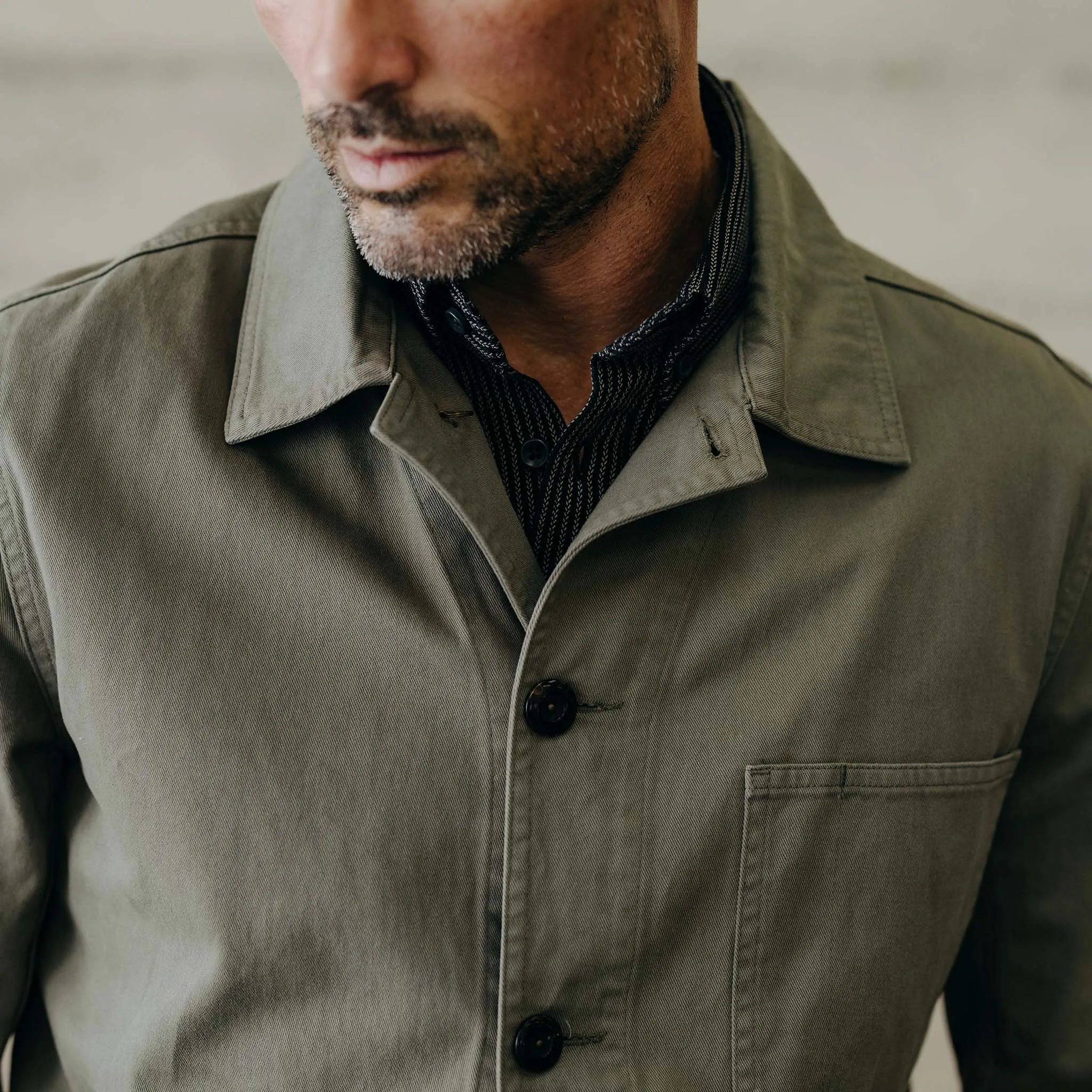 The Ojai Jacket in Organic Smoked Olive Foundation Twill NonIrritatingLining
