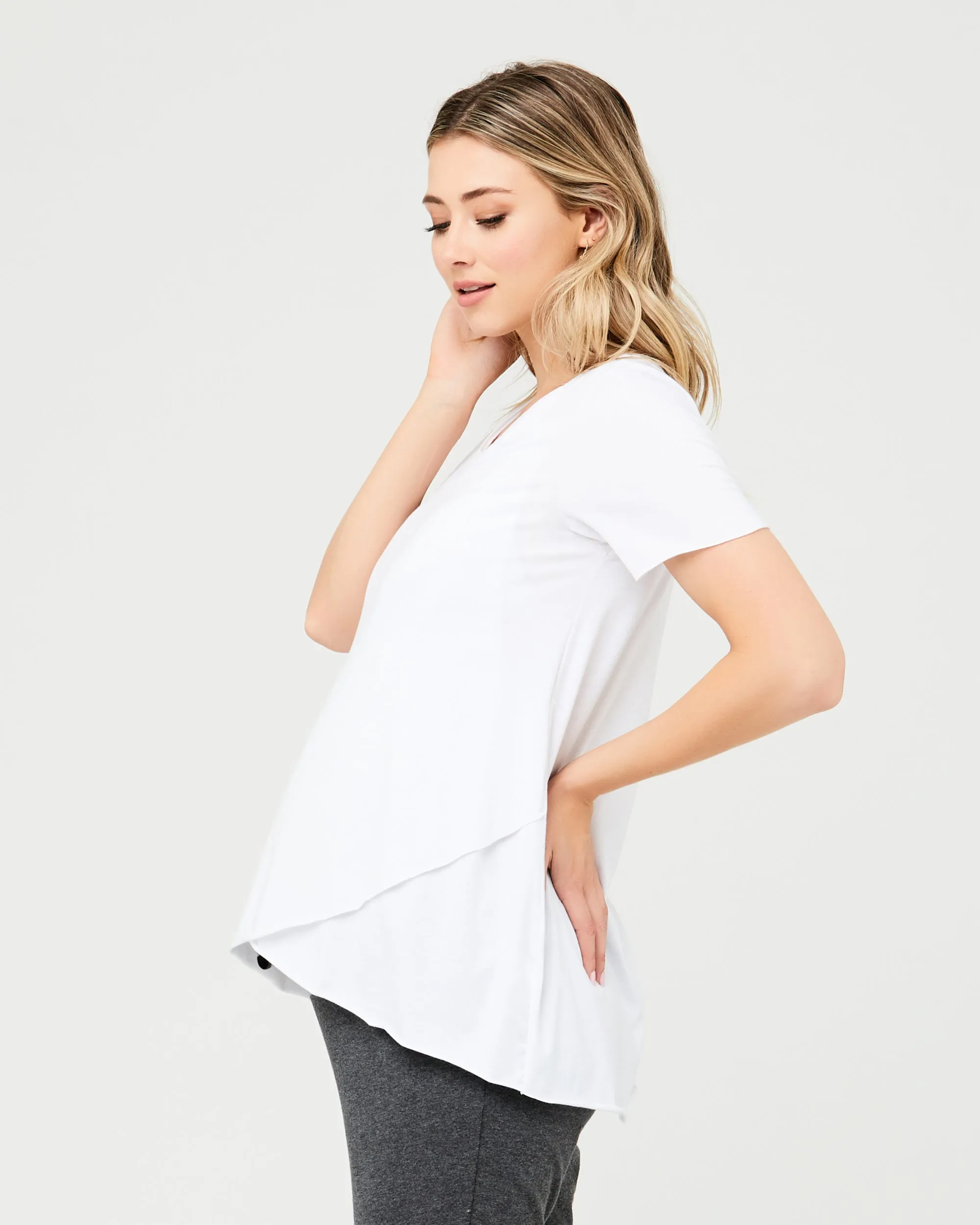 Short Sleeve Raw Edge Nursing Top White breastfeeding friendly