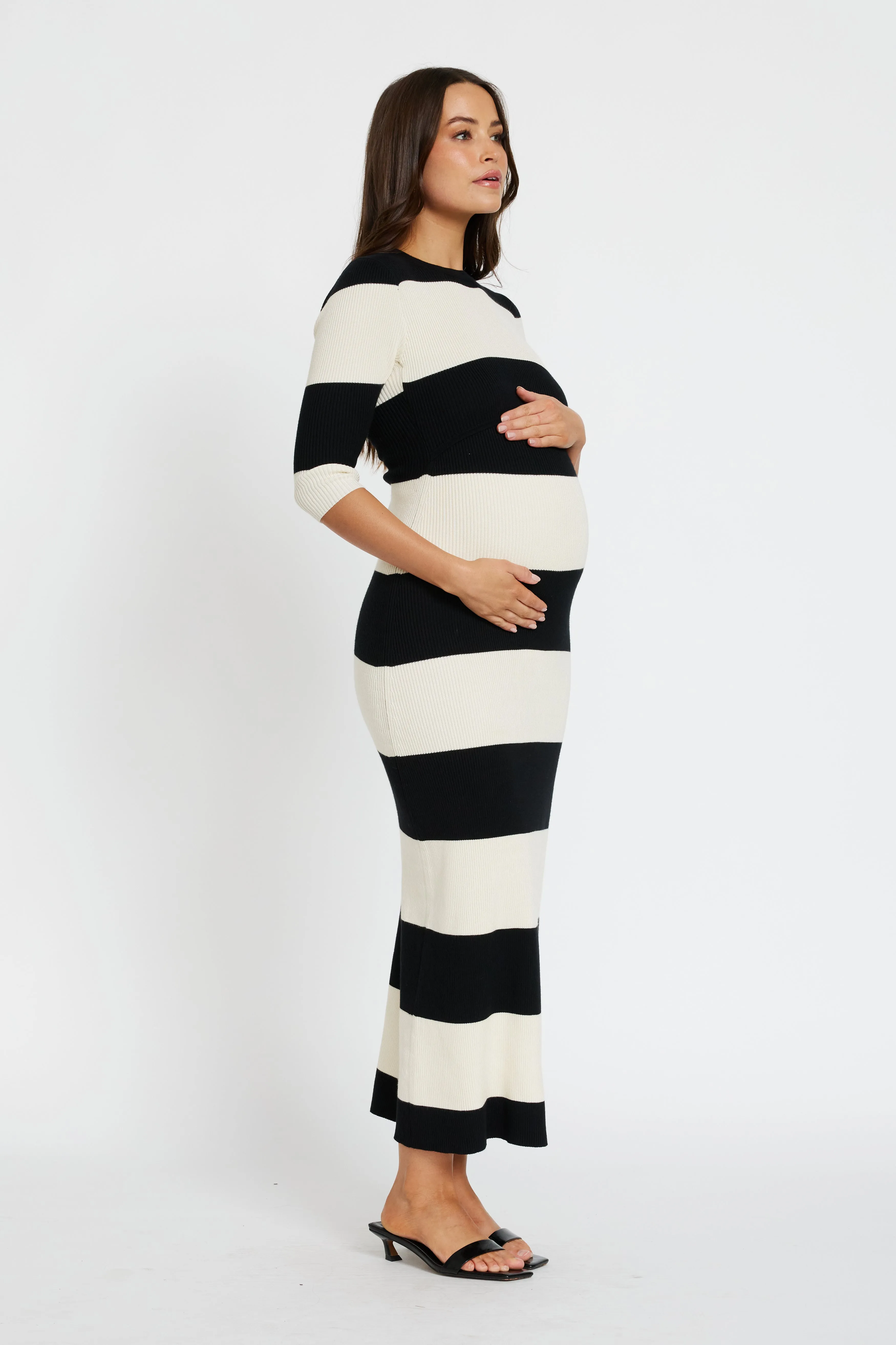 Below knee Hunter Stripe Knit Panel Dress - Black / Cream
