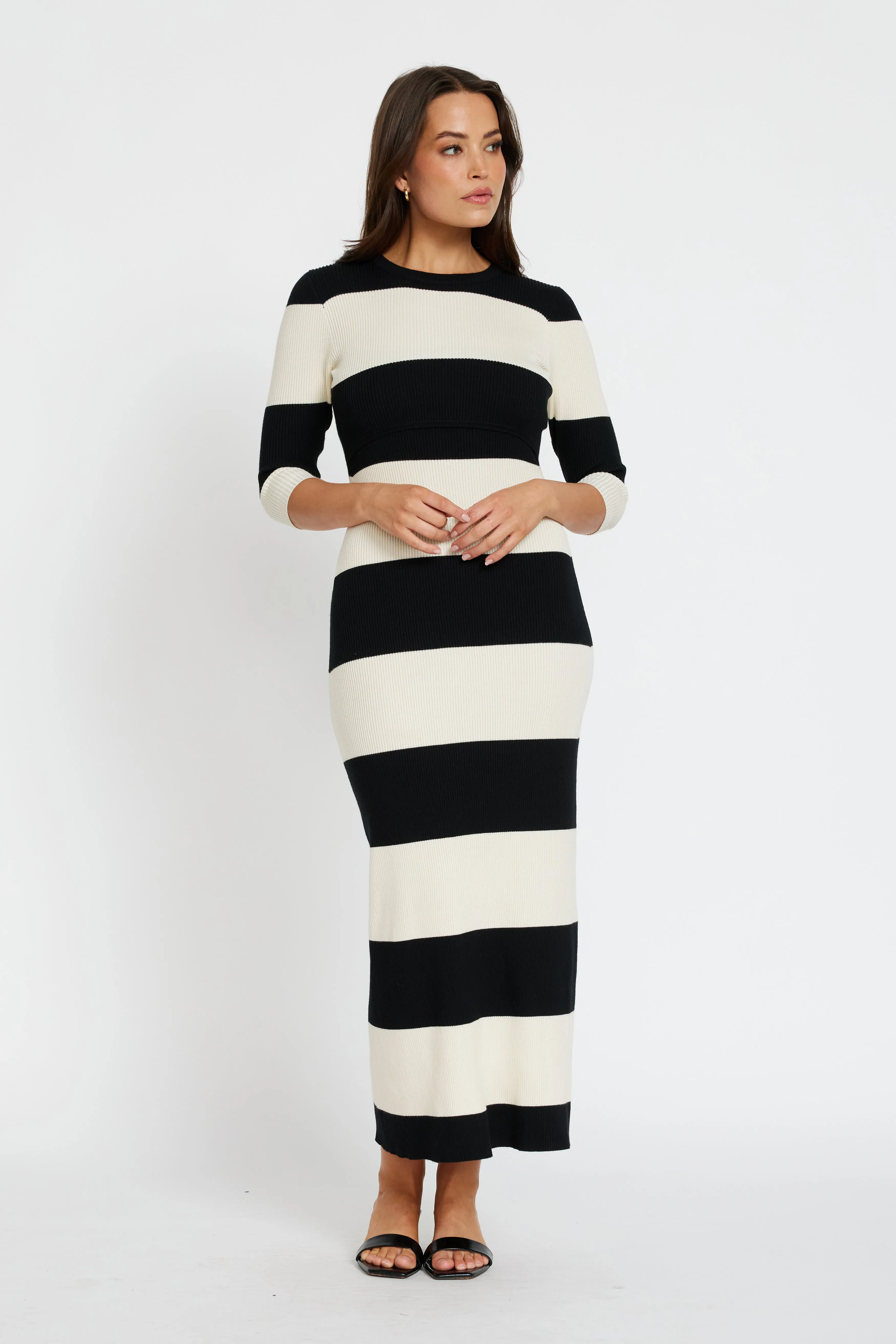 Hunter Stripe Knit Panel Dress - Black / Cream Easy Dressing mom's choice