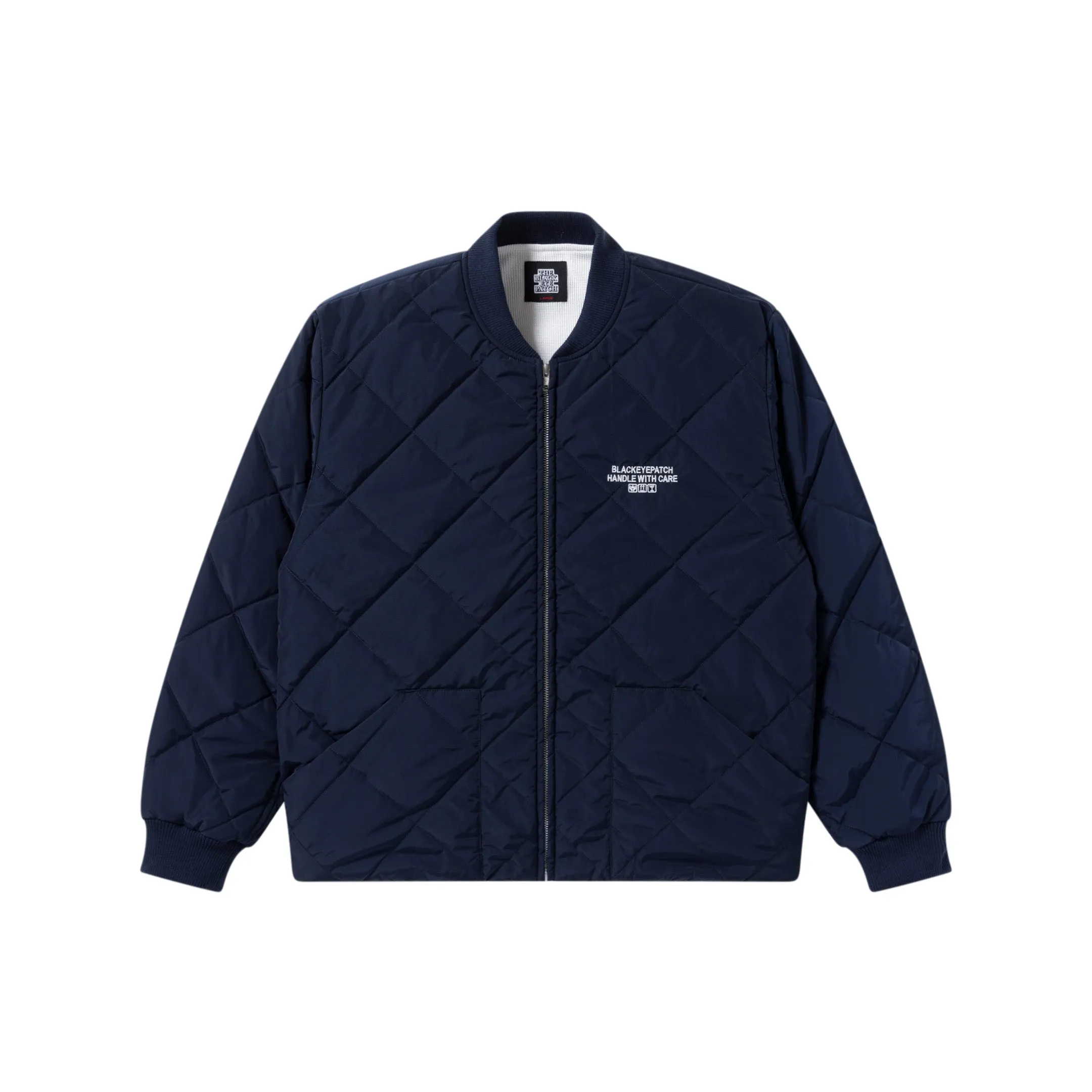 HWC LABEL EMBROIDERED QUILTED JACKET NAVY Hooded Attachment Recycled Material Blend