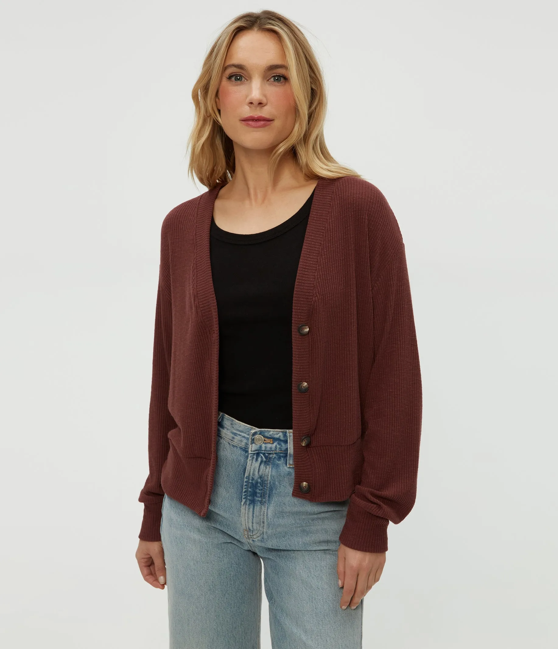 Isla V-Neck Ribbed Cardigan Tubular Knit Structure