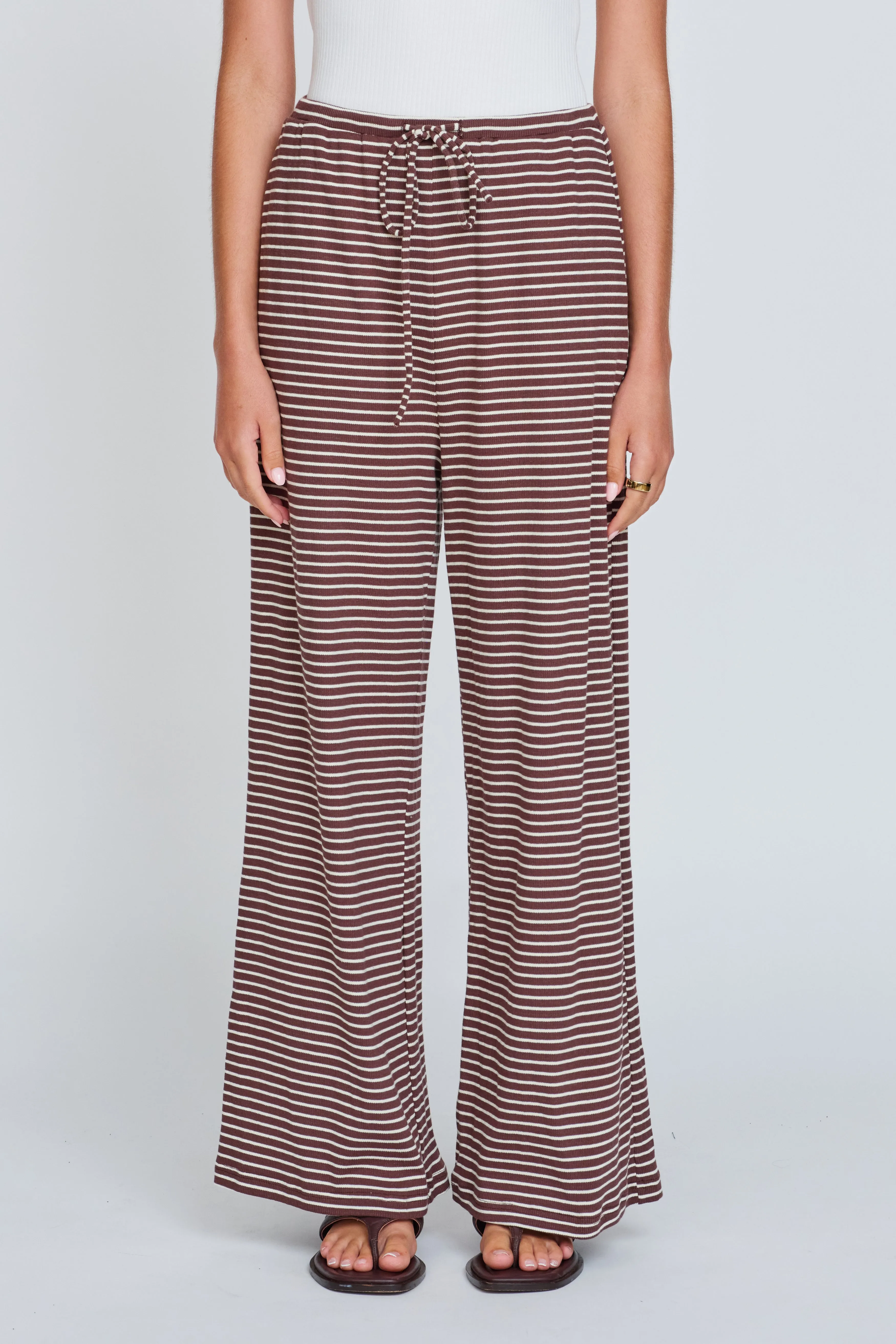 Ivy 2.0 Stripe Wide Leg Pants - Chocolate / White Moisture wicking pregnancy comfort