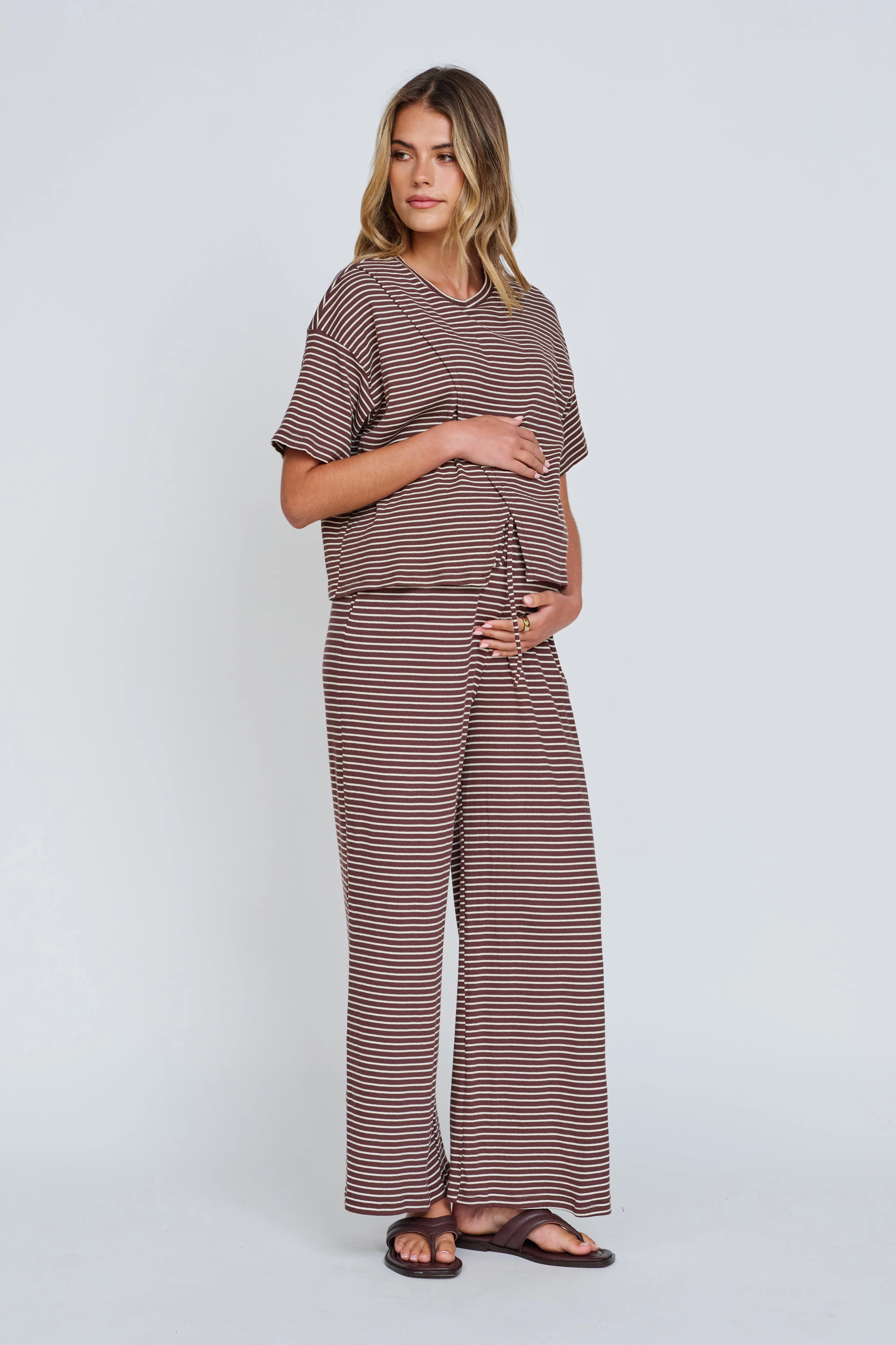 Belly Support Ivy 2.0 Stripe Wide Leg Pants - Chocolate / White