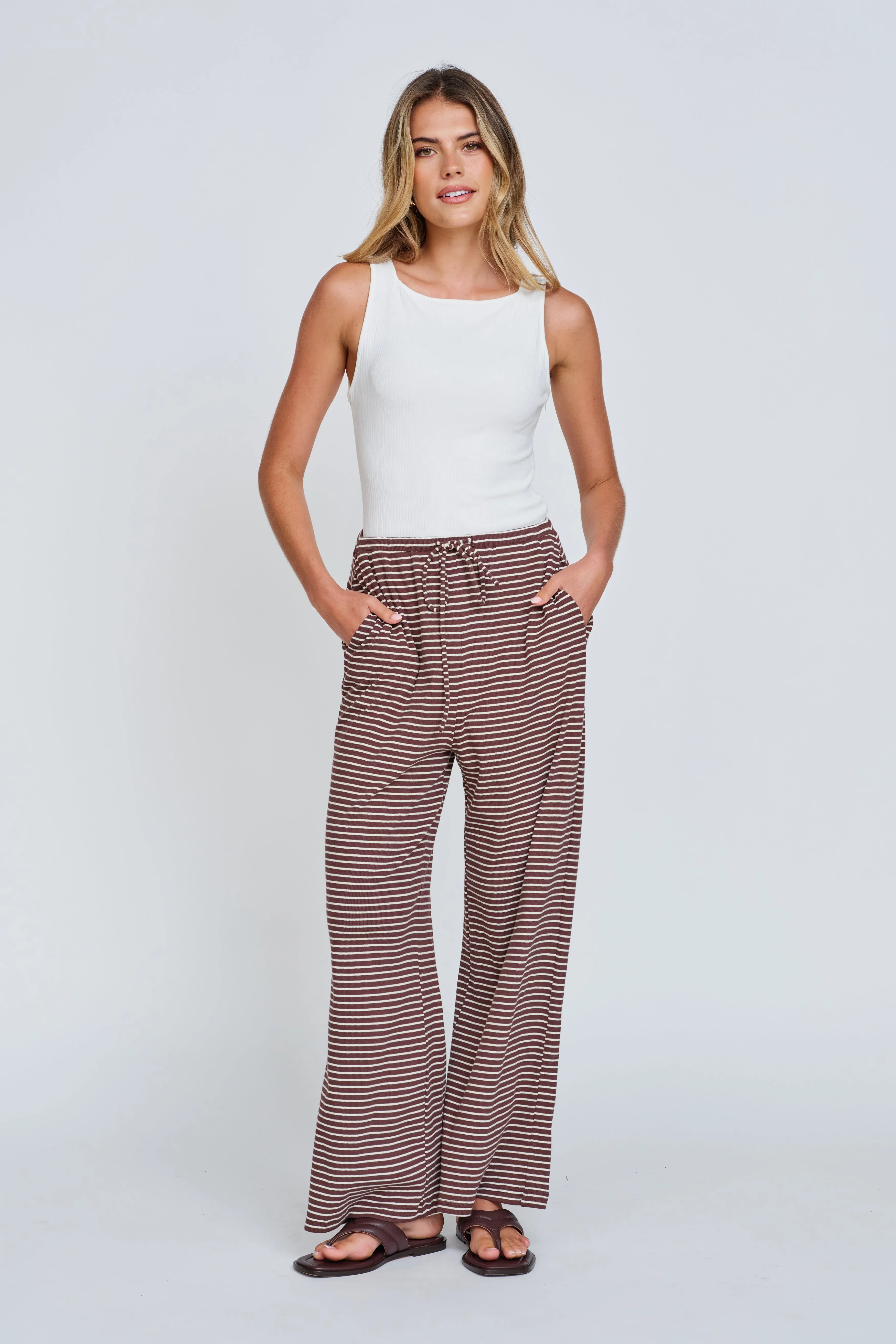 postnatal wear Parent Pick Ivy 2.0 Stripe Wide Leg Pants - Chocolate / White