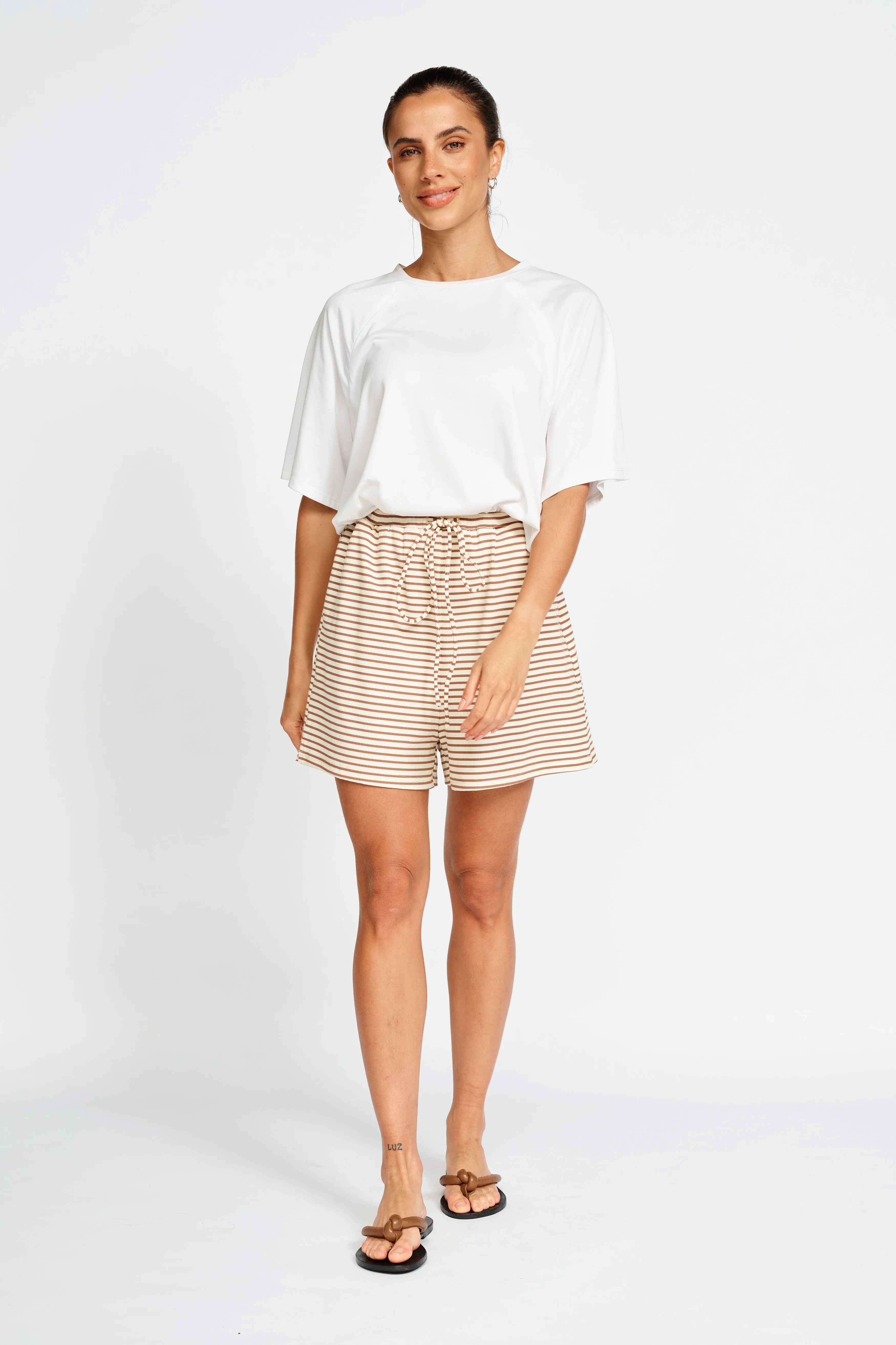 Ivy Stripe Lounge Short - Cream / Tan Flared hem