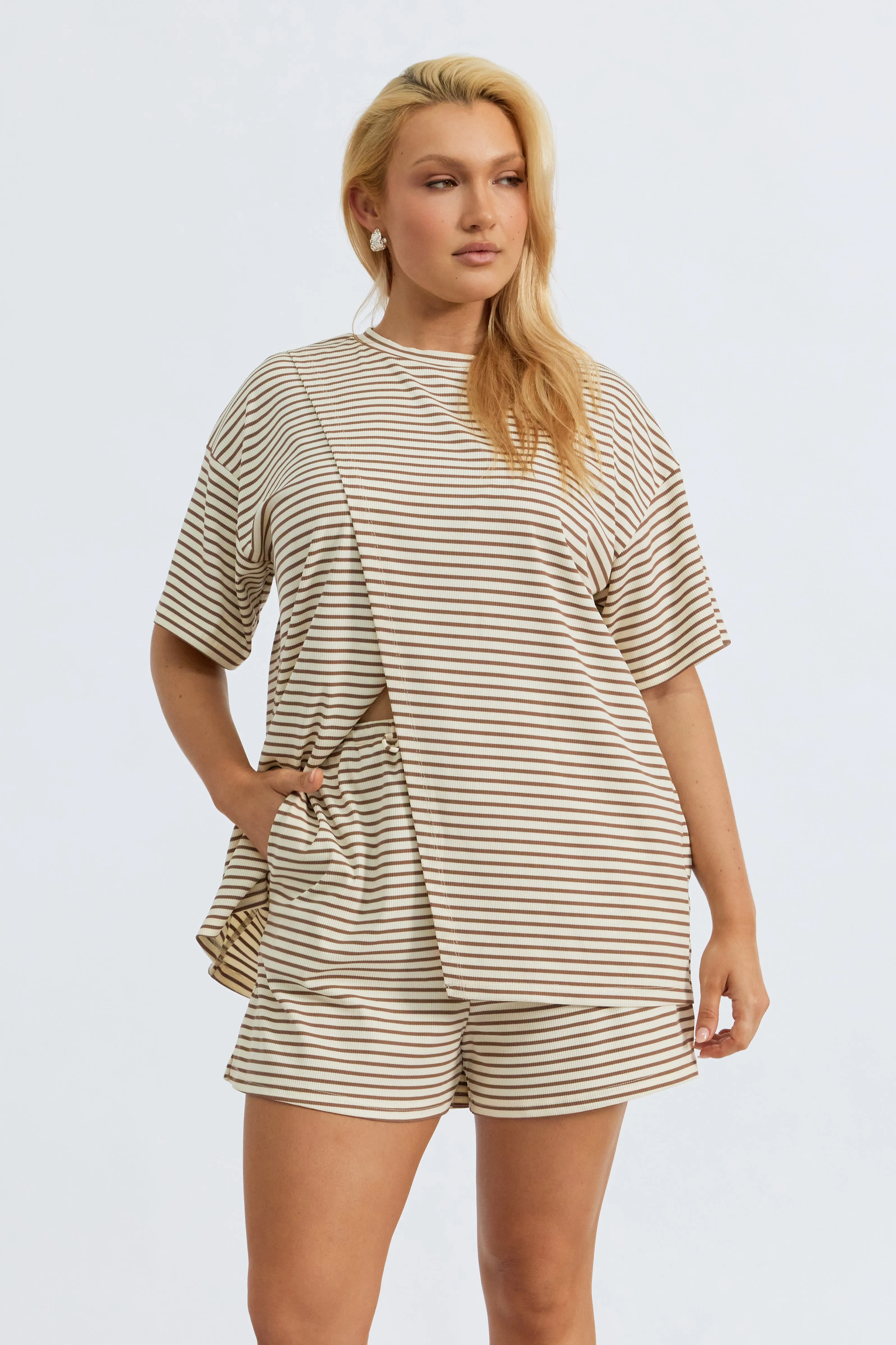 Ivy Stripe Lounge Short - Cream / Tan plush robe