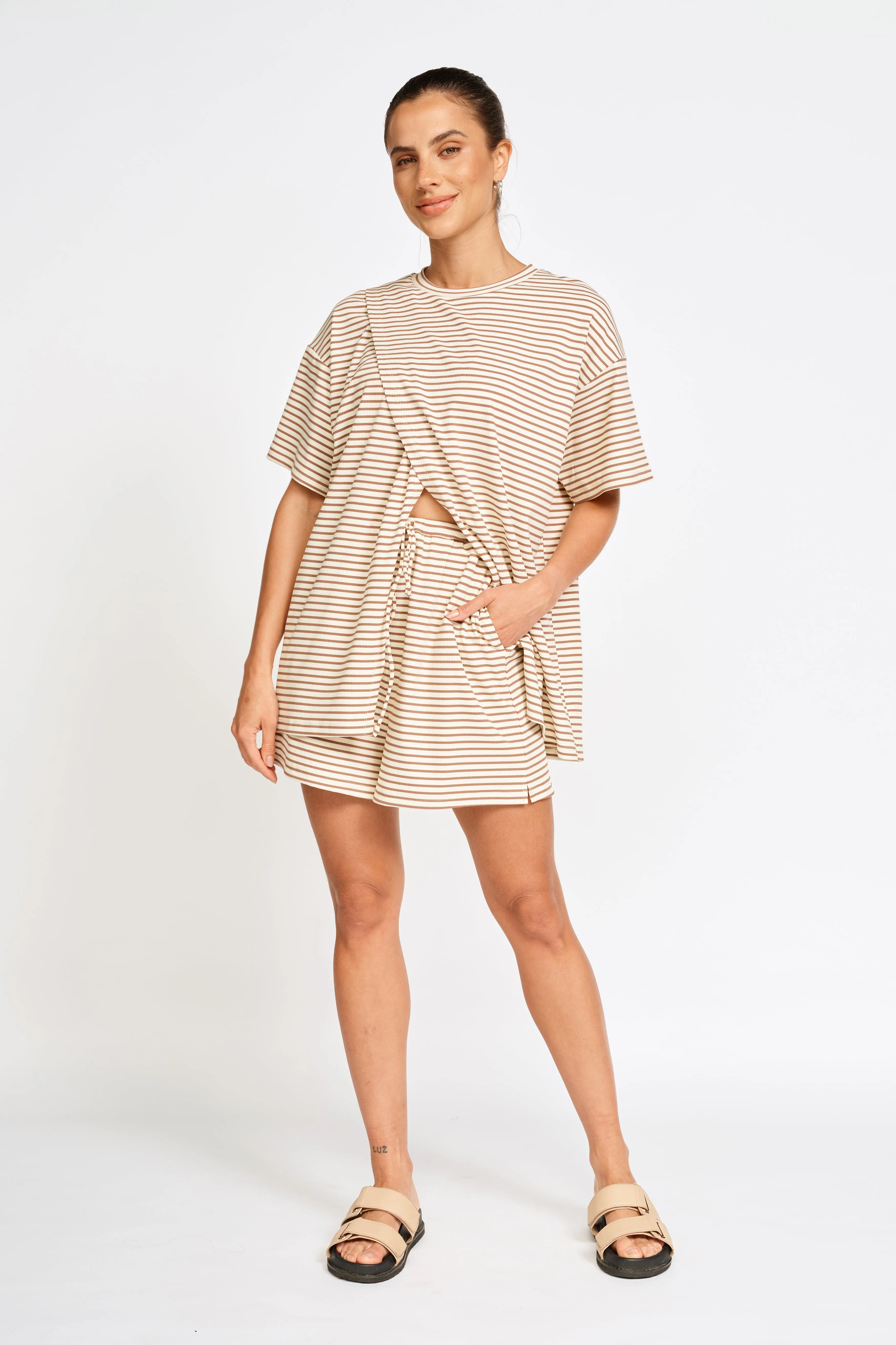 Ivy Stripe Lounge Short - Cream / Tan breathable panels Light Layer