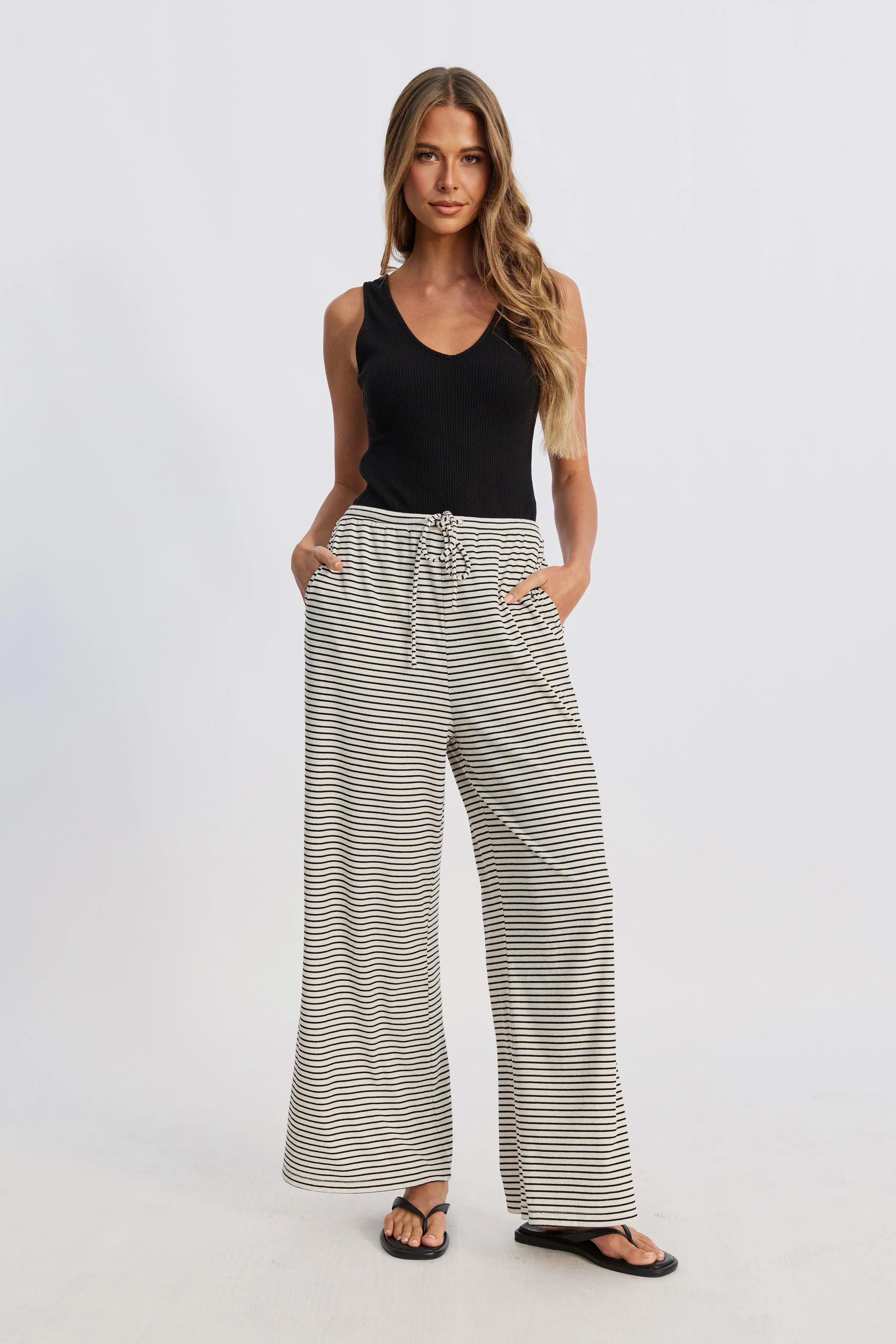 Ivy Stripe Wide Leg Pants - Cream Marle / Black mom-friendly nursing essentials