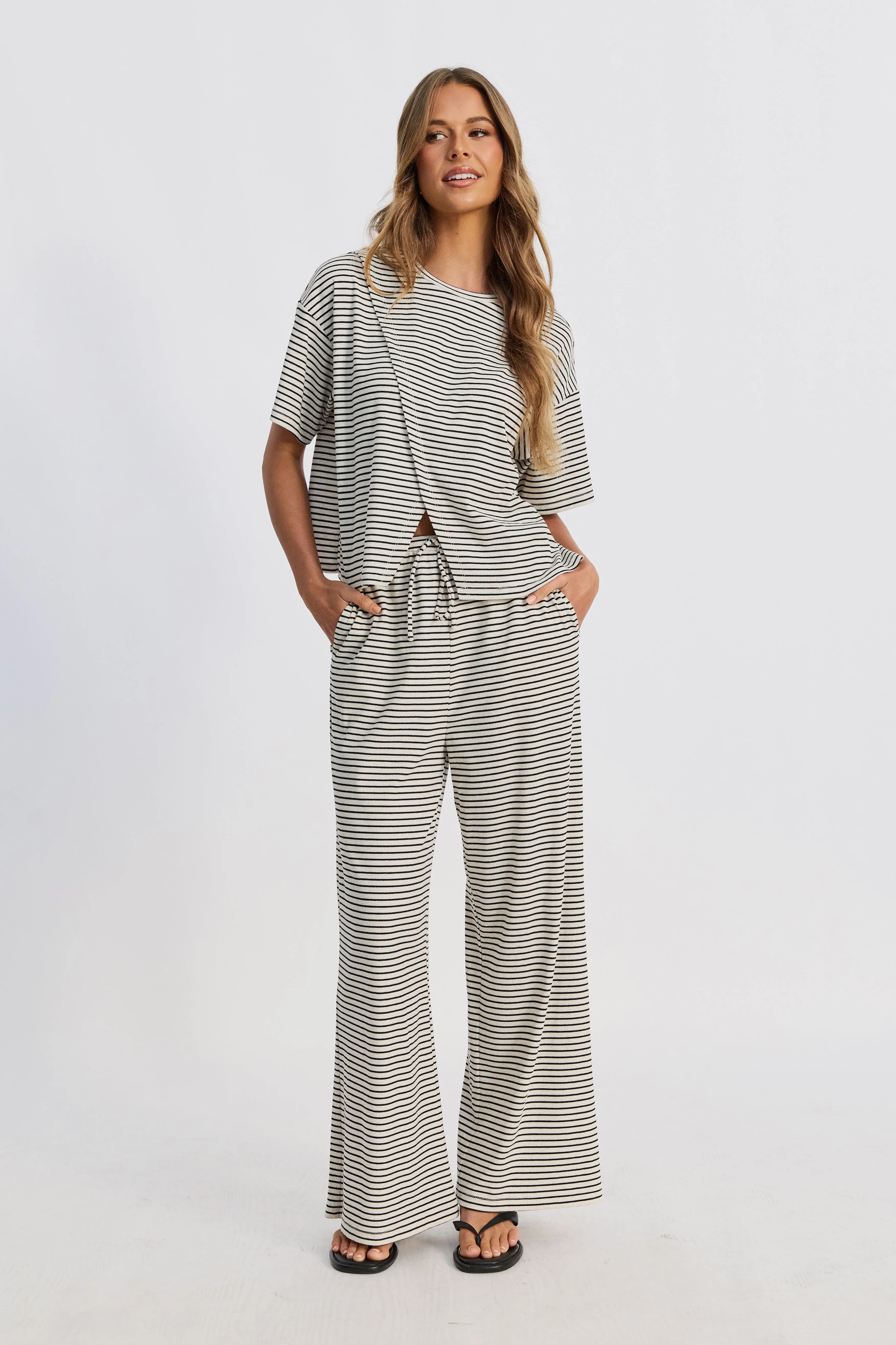 Ivy Stripe Wide Leg Pants - Cream Marle / Black supportive belt