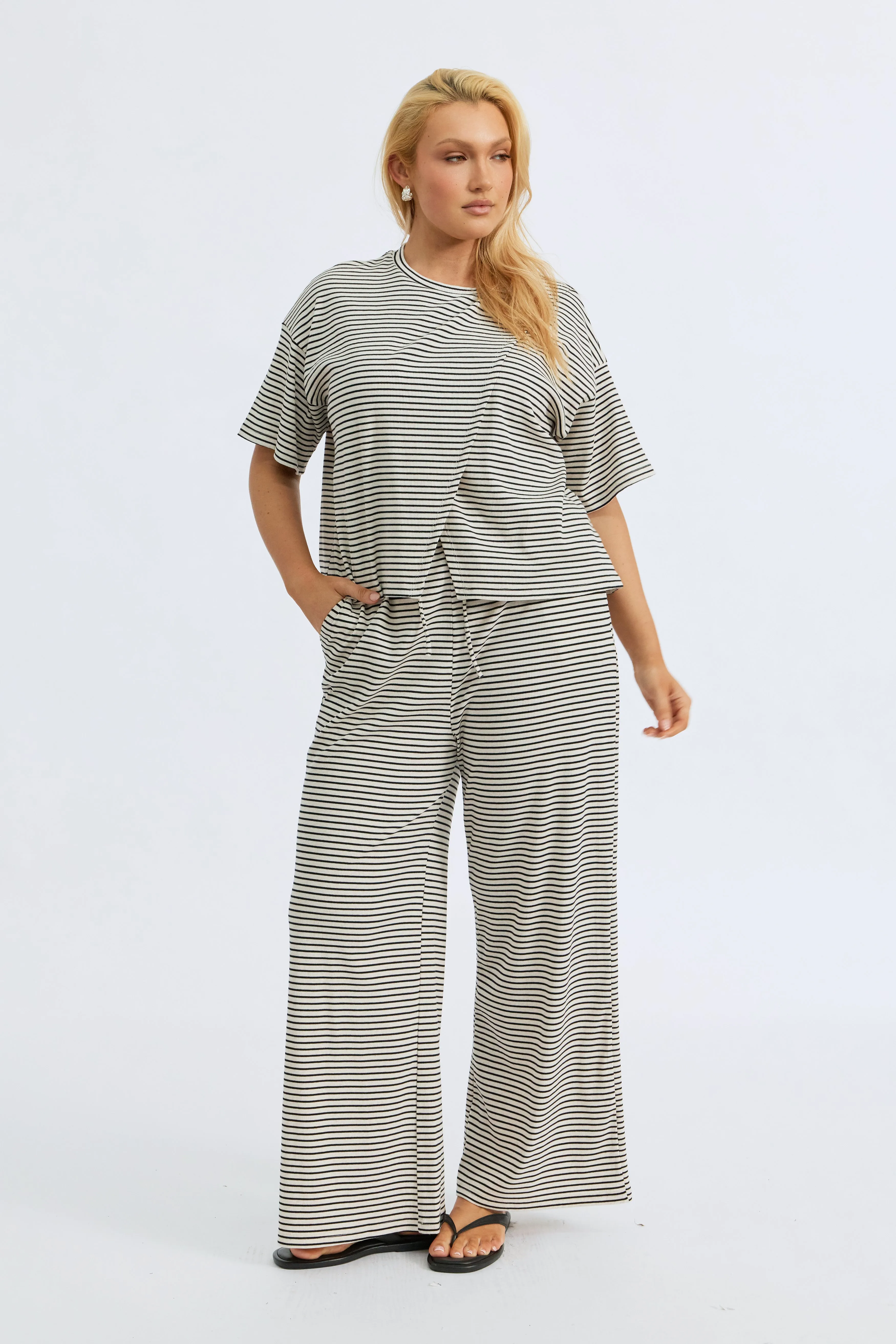 hypoallergenic Lace Overlay Ivy Stripe Wide Leg Pants - Cream Marle / Black