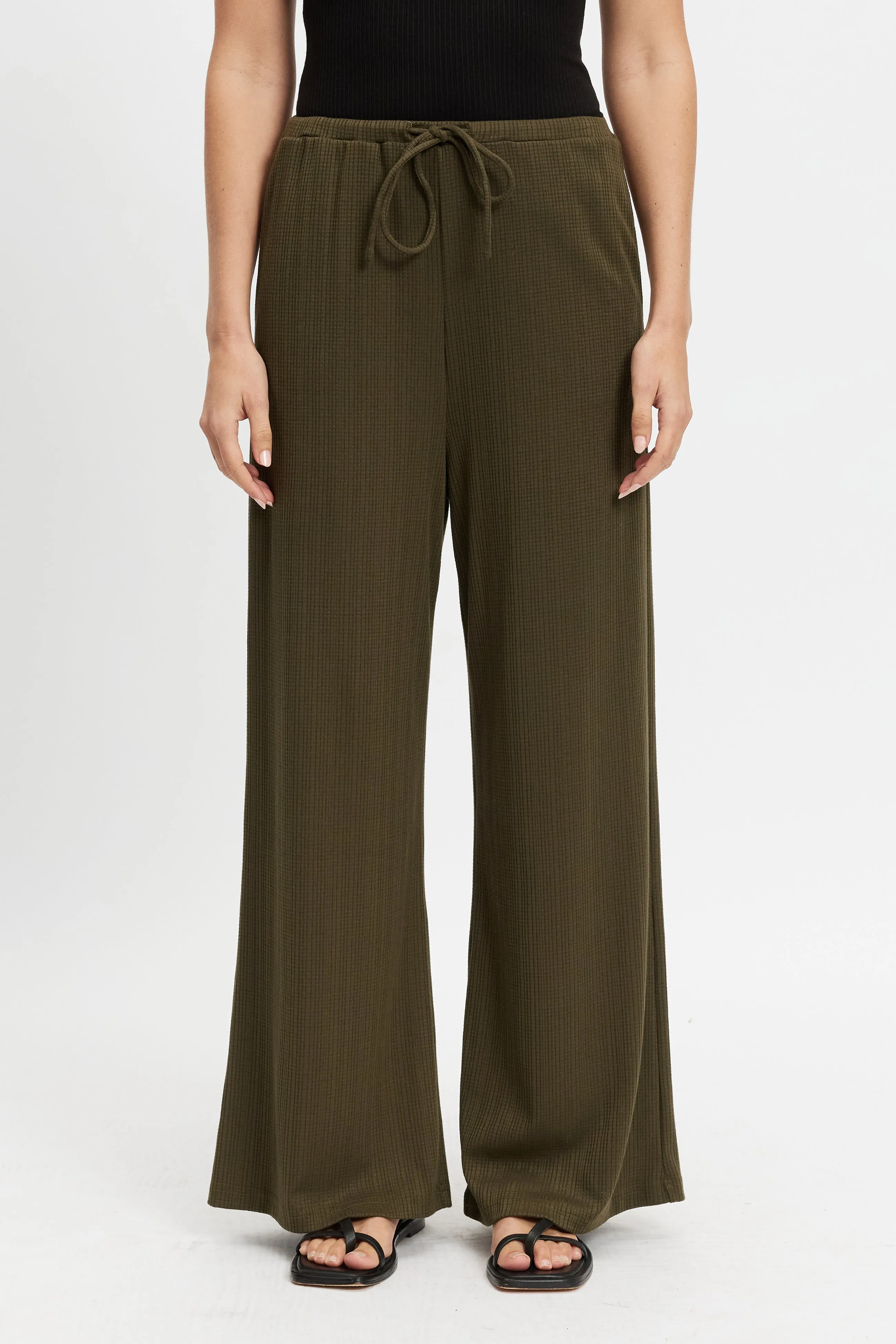 Ivy Waffle Wide Leg Pants - Olive ruched sides tie waist