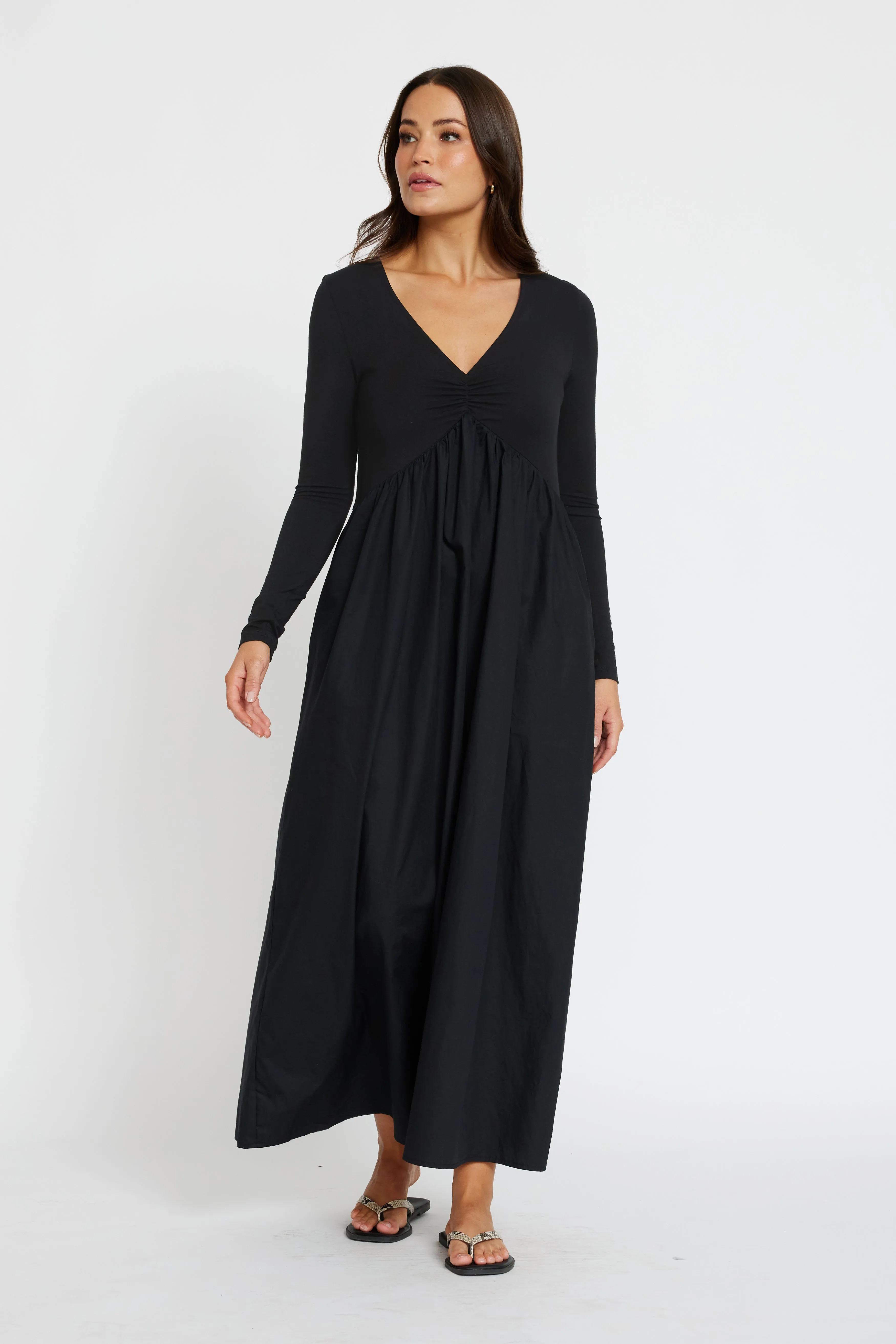 Soft Touch Jocelyn Combination Babydoll Maxi Dress - Black