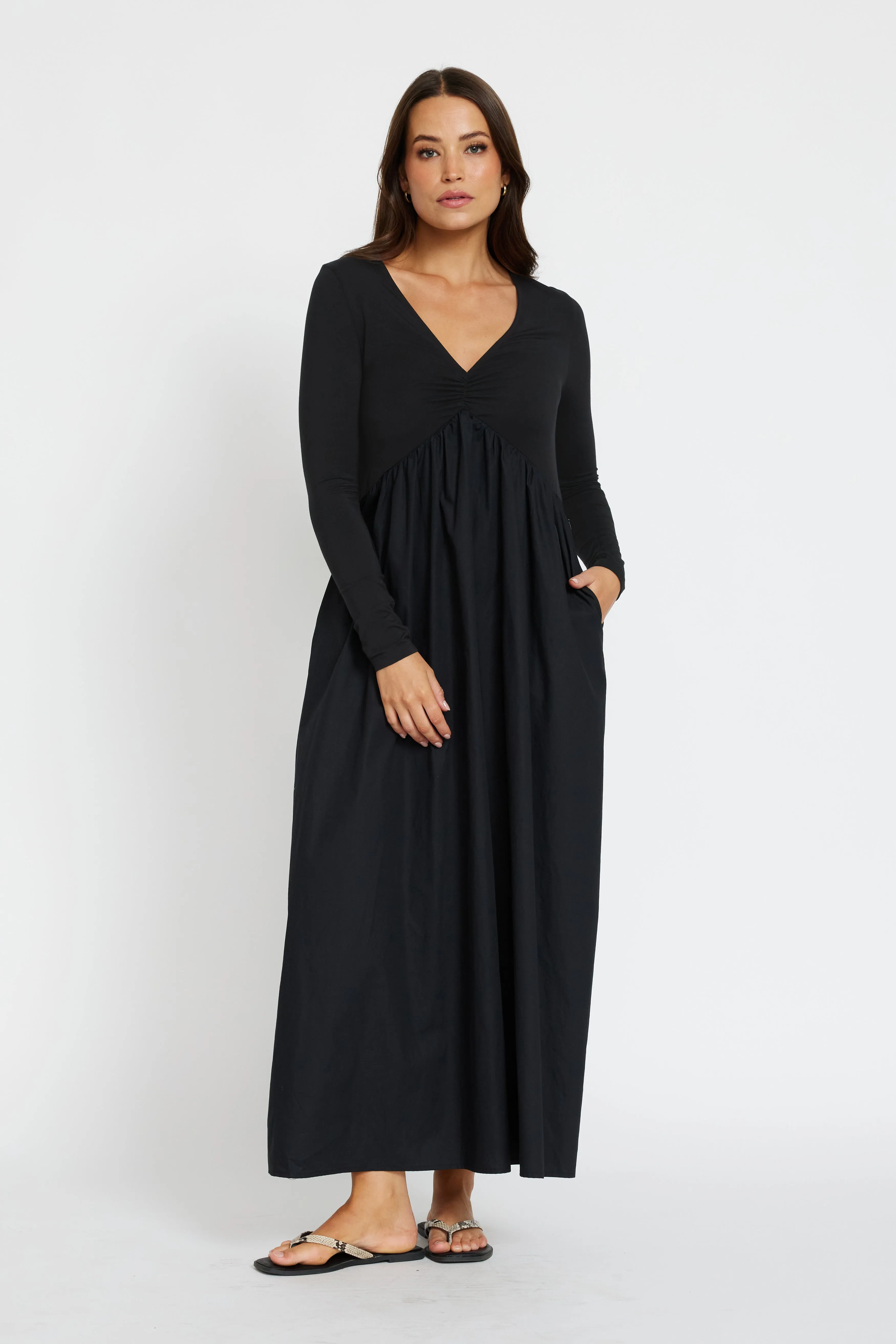 winter maternity multiway wear Jocelyn Combination Babydoll Maxi Dress - Black