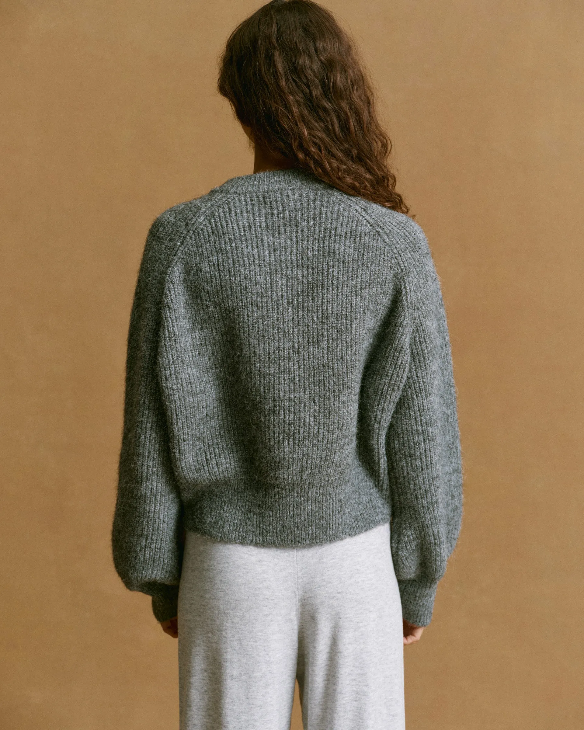 Zigzag Stitch Detail Knit Button Up Cardigan - Dark Grey Melange