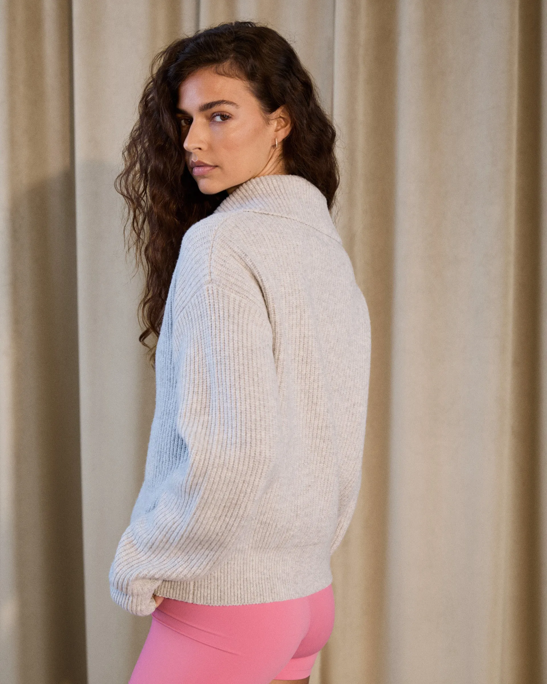 ribbed texture Knit Collar Cardigan - Light Grey Melange