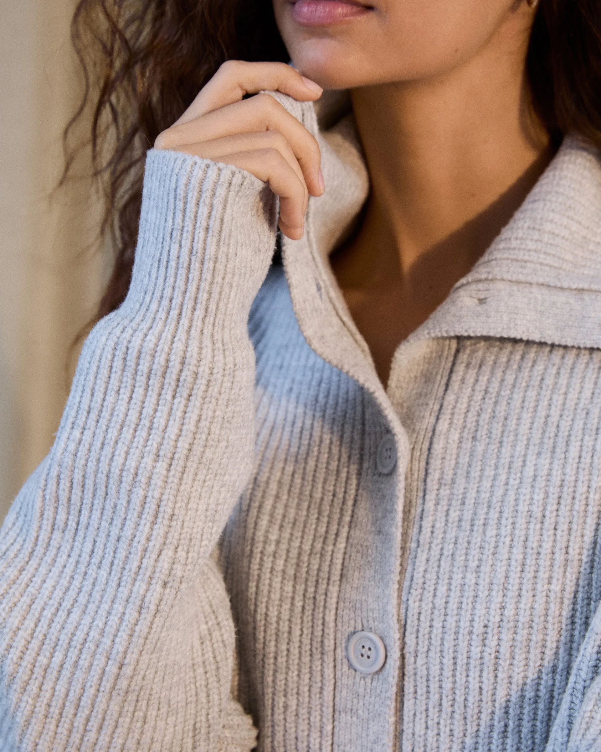 Knit Collar Cardigan - Light Grey Melange Tencel Blend Material